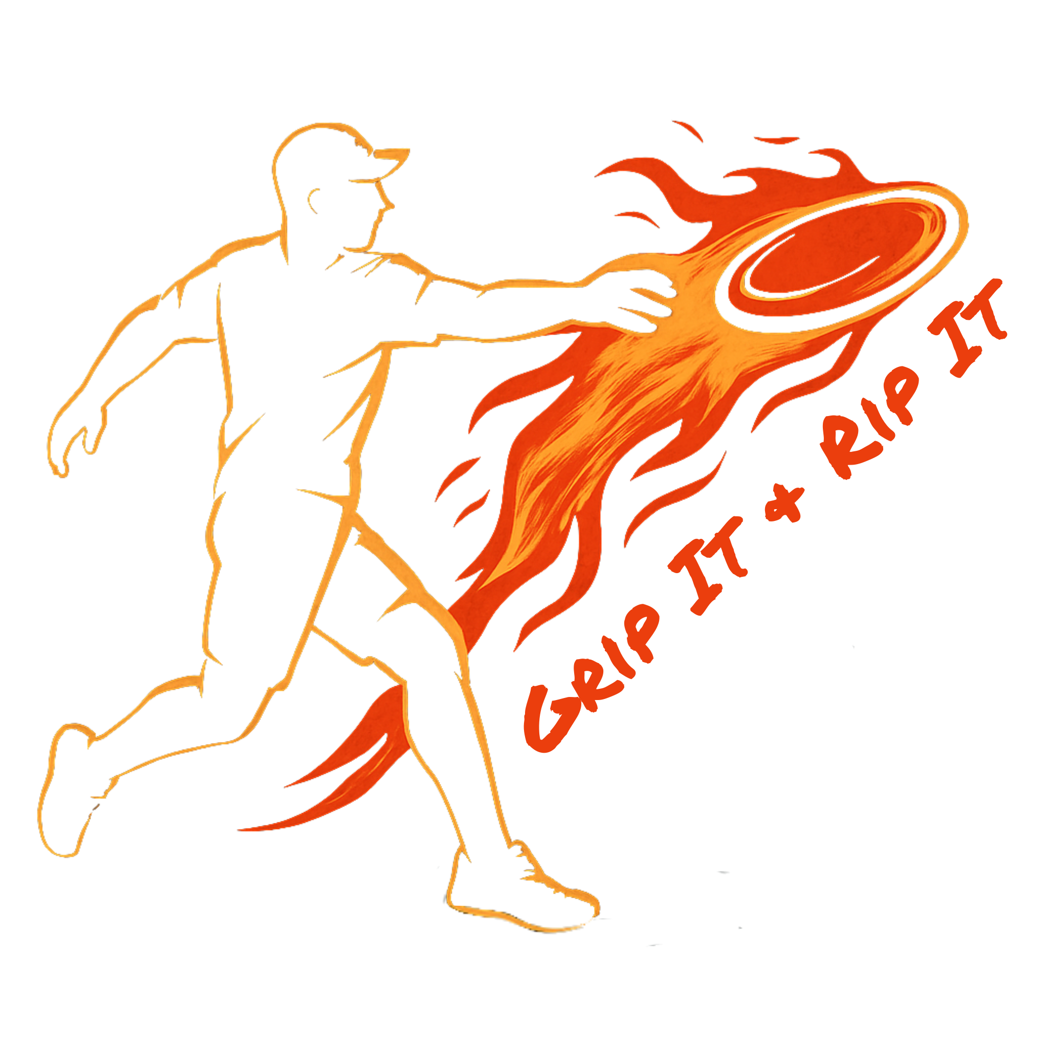 A graphic design of a person throwing a disc golf disc with flames coming off the disc and text 'Grip It or Rip It' against a white background.