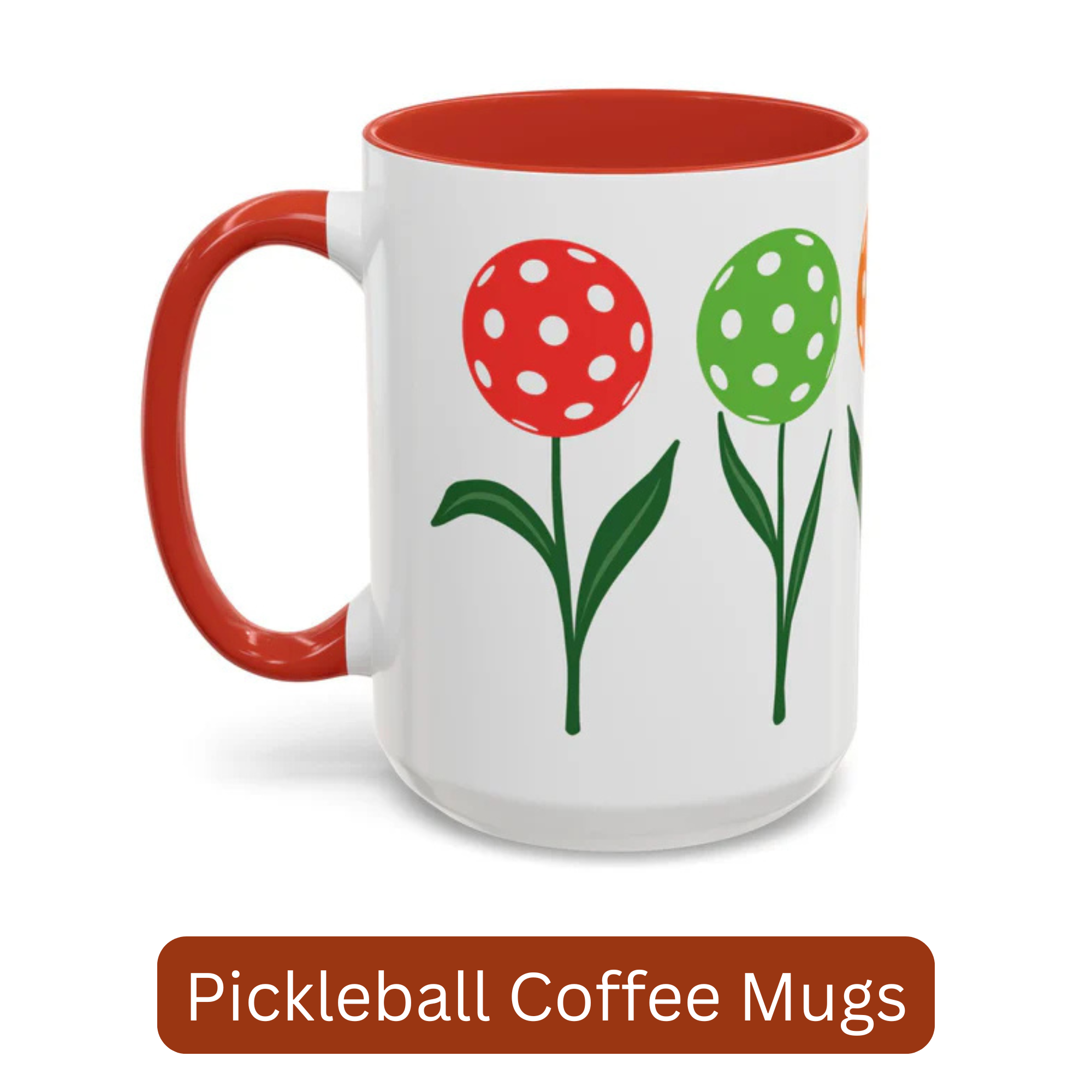 A white ceramic coffee mug with red accents on the handle and interior, with a graphic of flowers made out of pickleballs