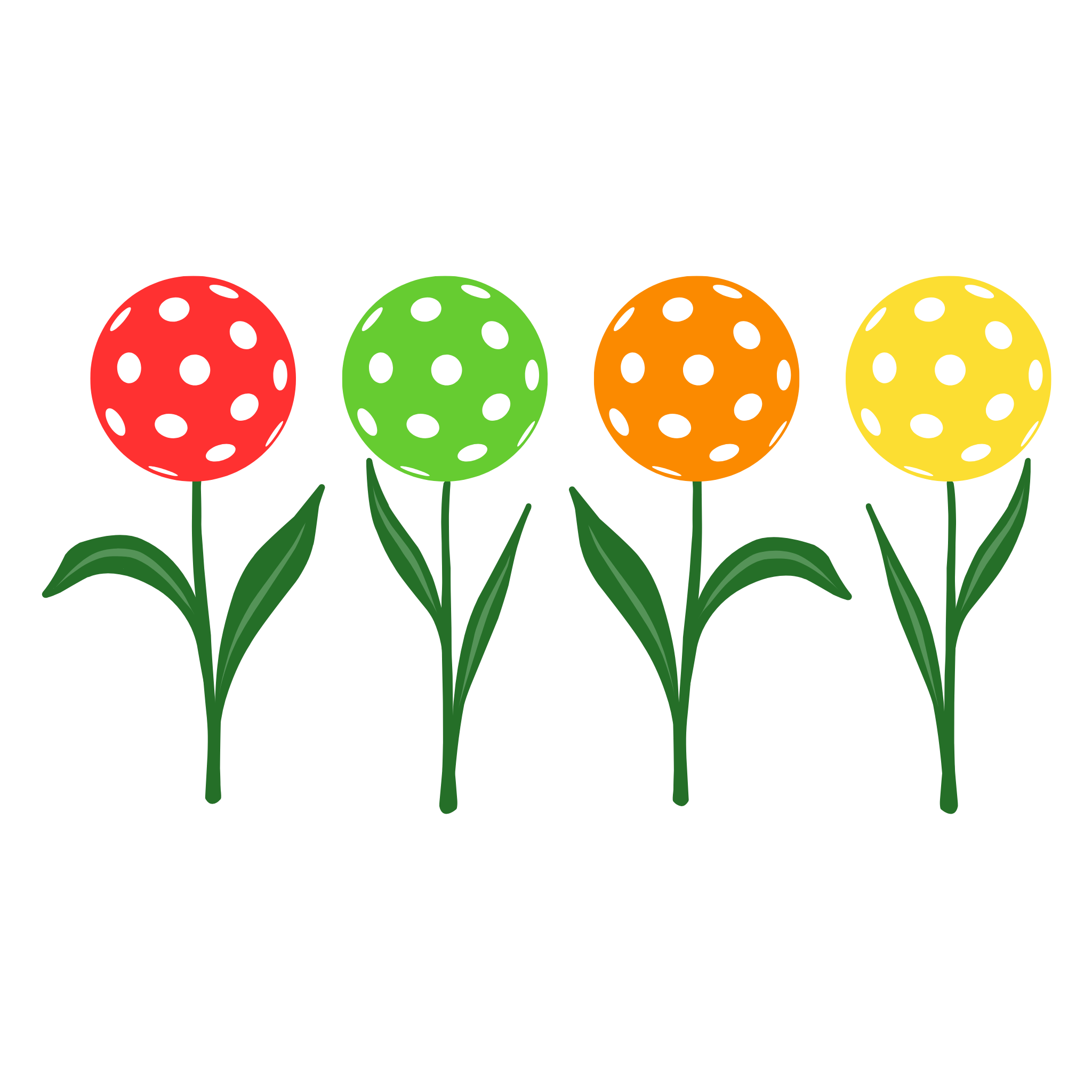 Colorful flowers made from pickleballs on green stems with leaves, against a white background