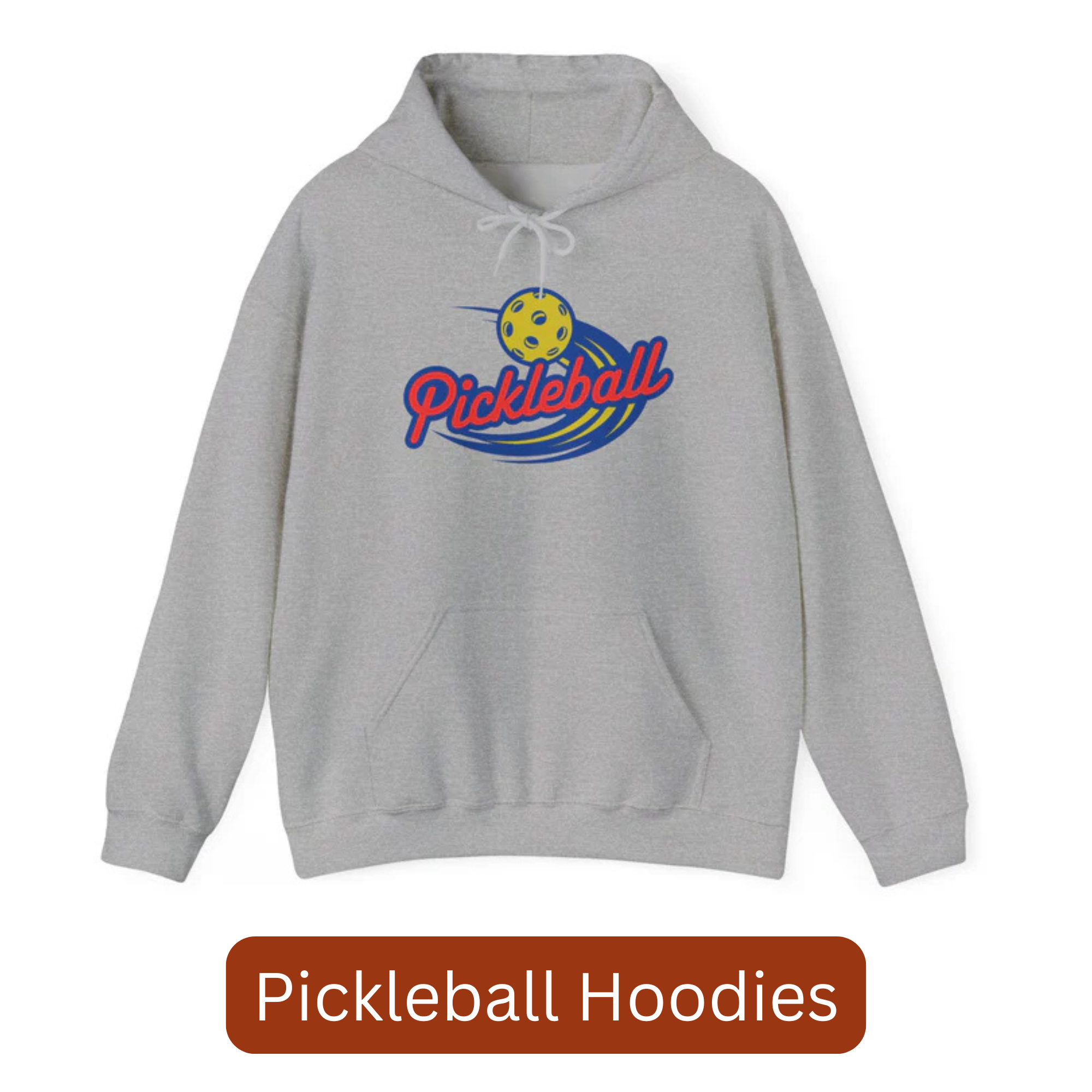 A gray hoodie with a graphic of a classic pickleball logo with a yellow pickleball above it