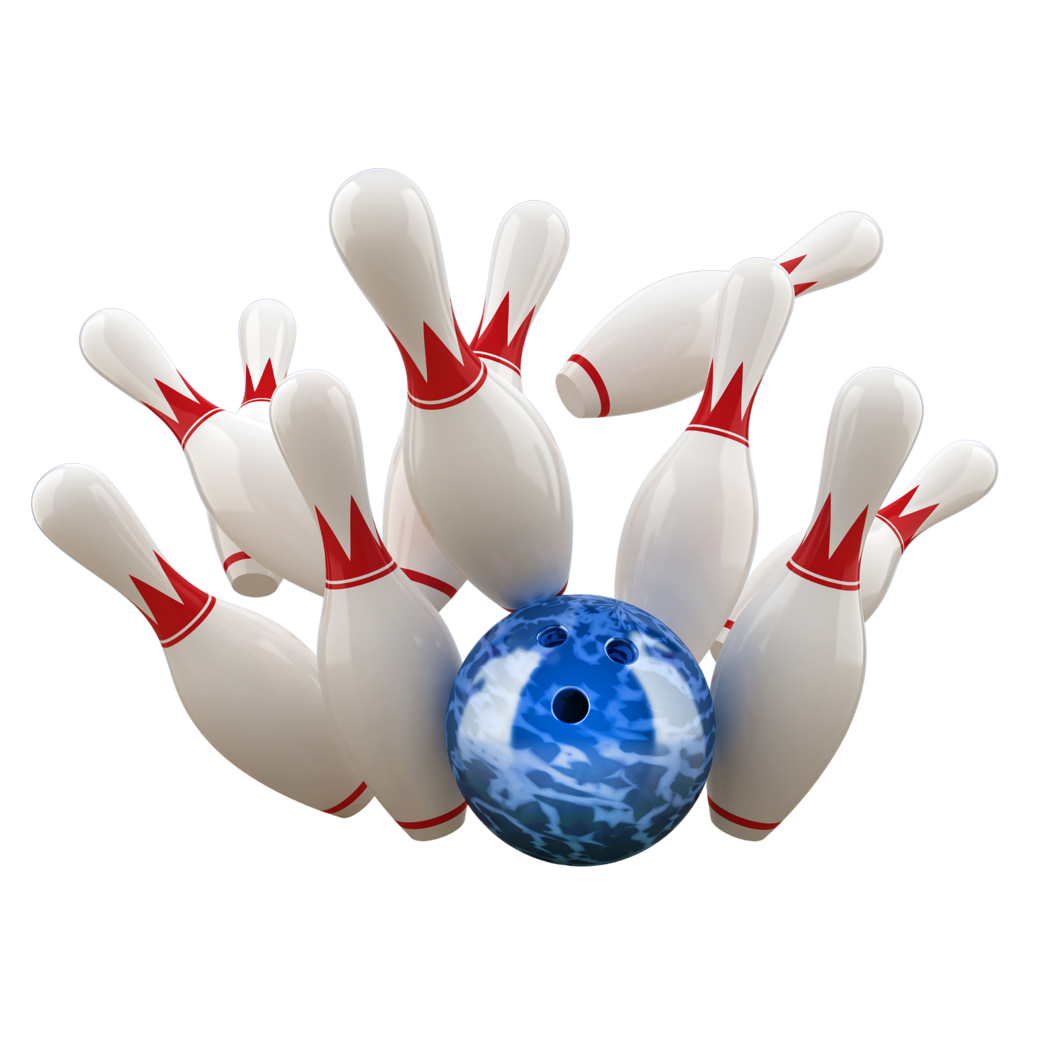 A graphic of a blue bowling ball knocking over bowling pins, on a white background