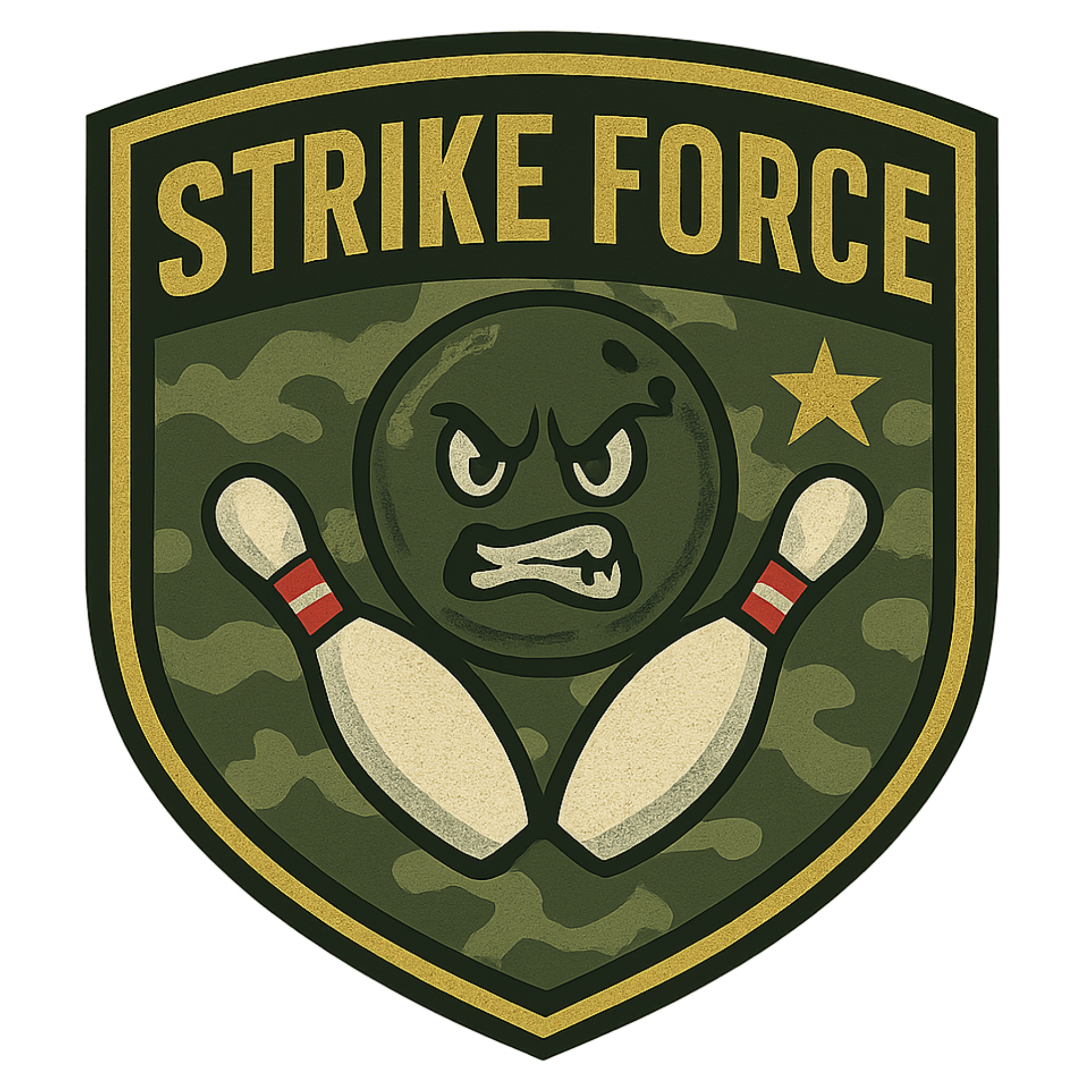 A graphic with bowling 'Strike Force' military-style patch on a white background