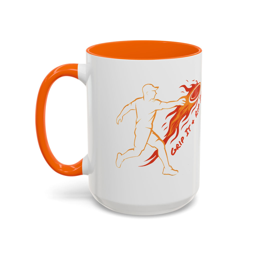 A ceramic coffee mug with orange accents on the handle and interior, featuring a graphic design of a person throwing a disc golf disc with flames coming off the disc and text 'Grip It or Rip It' against a white background.