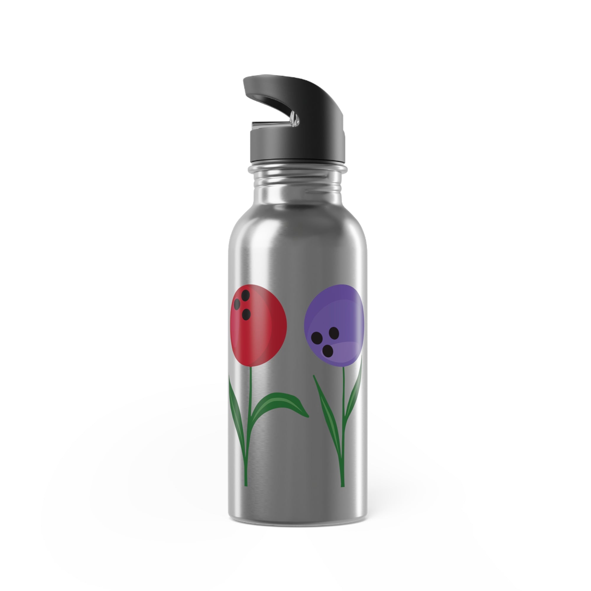 A stainless steel water bottle with a black lid, with colorful flowers made out of bowling balls, on a white background