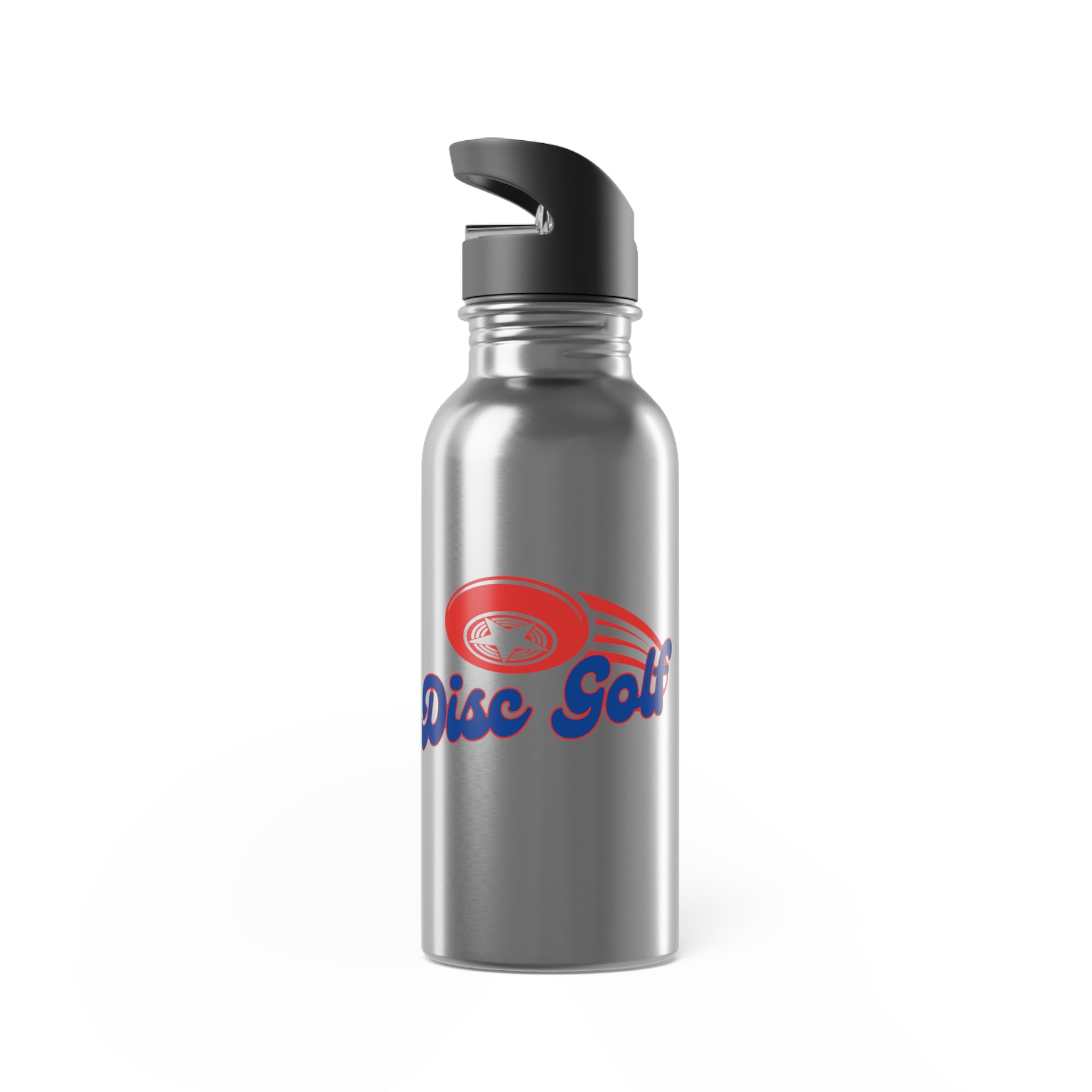 A stainless steel water bottle with lid, featuring the words 'Disc Golf' in a blue script text outlined in red and disc golf with motion trails, against a white background