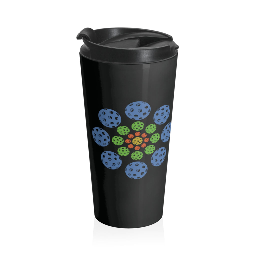 Stainless steel travel mug with lid featuring a colorful geometric design of pickleballs against a white background