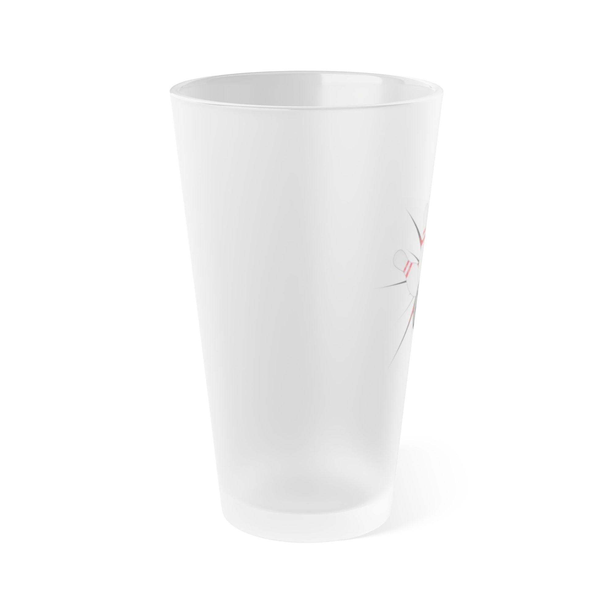 The side view of a frosted pint glass with a graphic design of a bowling ball smashing into pins on a white background