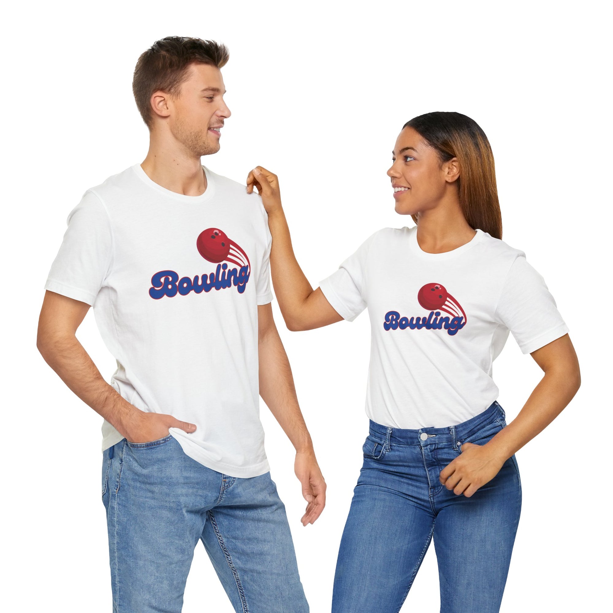 A man and a woman both wearing a white t-shirt with a red bowling ball graphic and 'Bowling' text on a white background