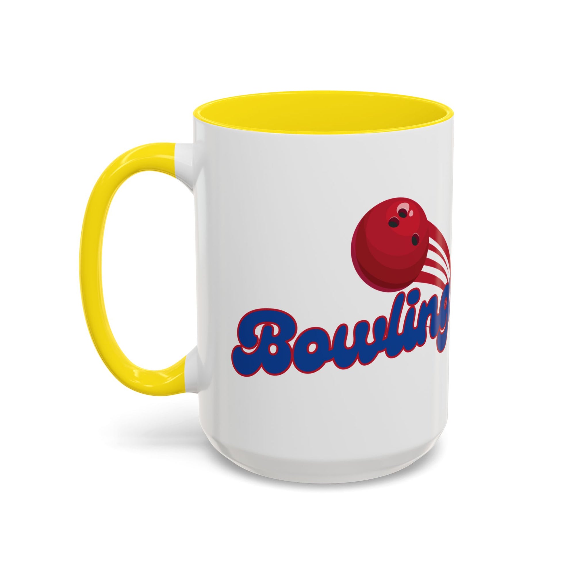 A white ceramic coffee mug with yellow accents on the handle and interior, with a red bowling ball graphic and 'Bowling' text on a white background