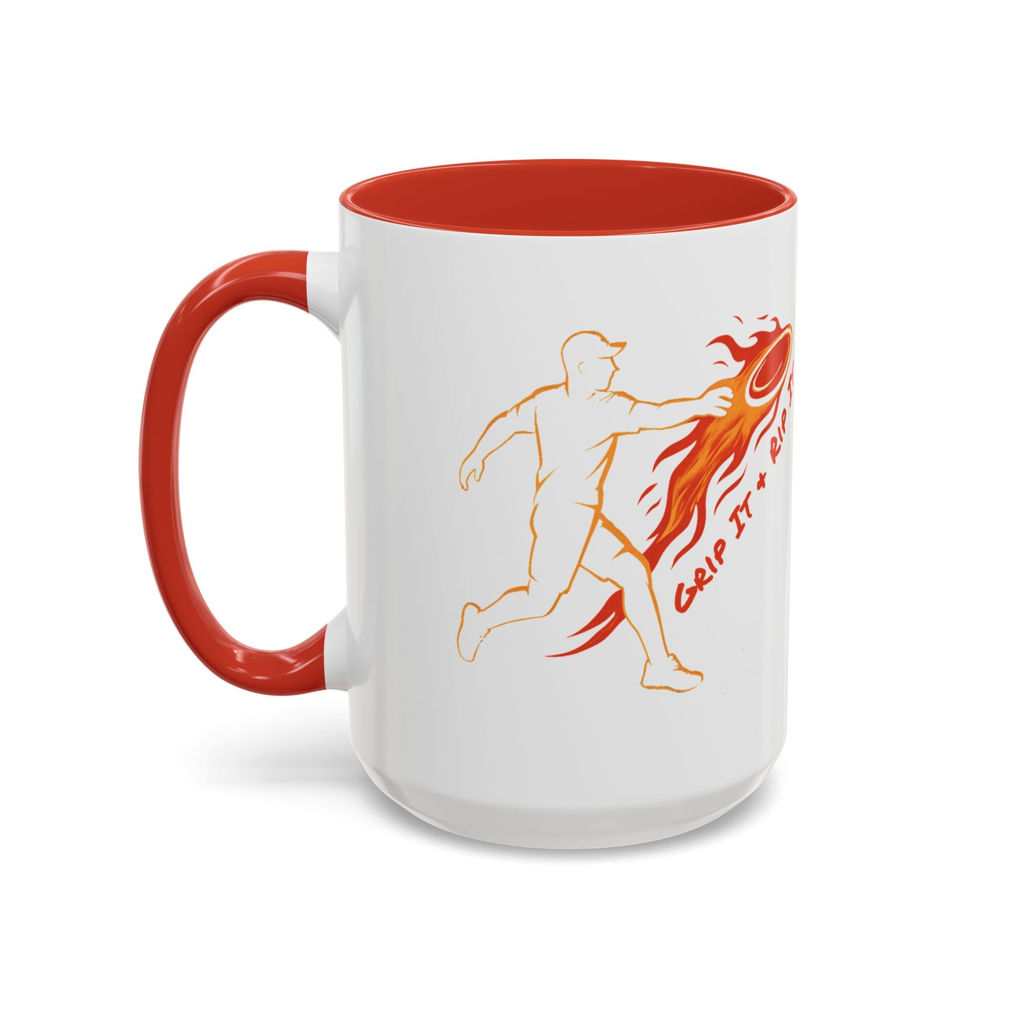 A ceramic coffee mug with red accents on the handle and interior, featuring a graphic design of a person throwing a disc golf disc with flames coming off the disc and text 'Grip It or Rip It' against a white background.