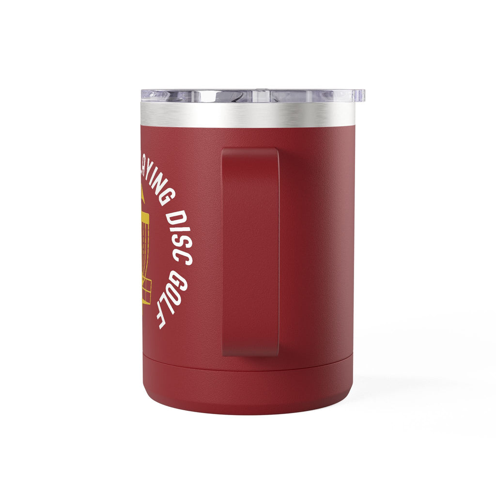 Side view of a maroon travel coffee tumbler with lid and handle, with a graphic of disc golf chains, basket, and disc and text that says "I'd Rather Be Playing Disc Golf" against a white background.