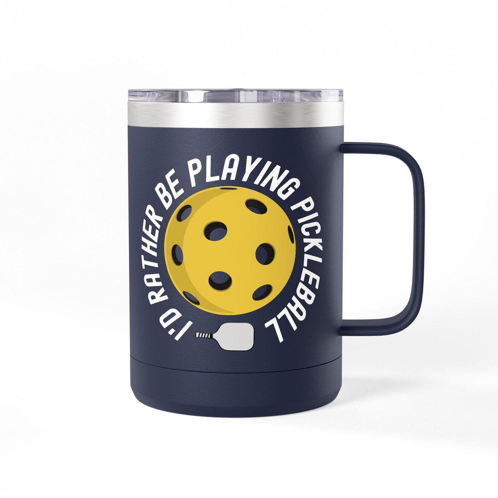 Navy blue travel mug with lid with a yellow pickleball graphic and the text "I'd Rather Be Playing Pickleball" on a white background
