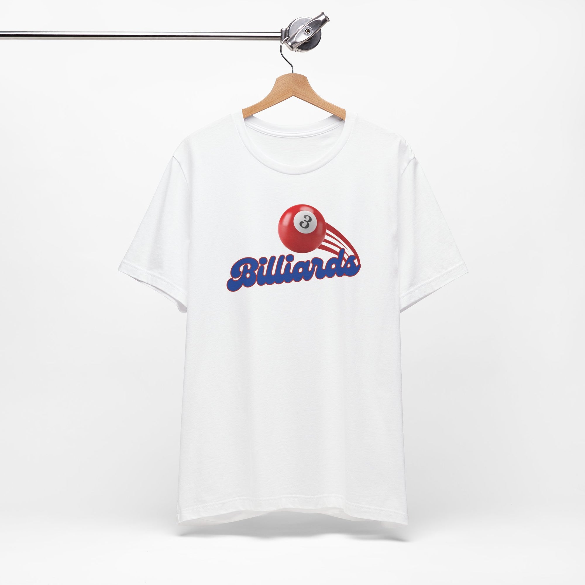 White t-shirt with billiards ball and text that says "Billiards" on a hanger against a white background