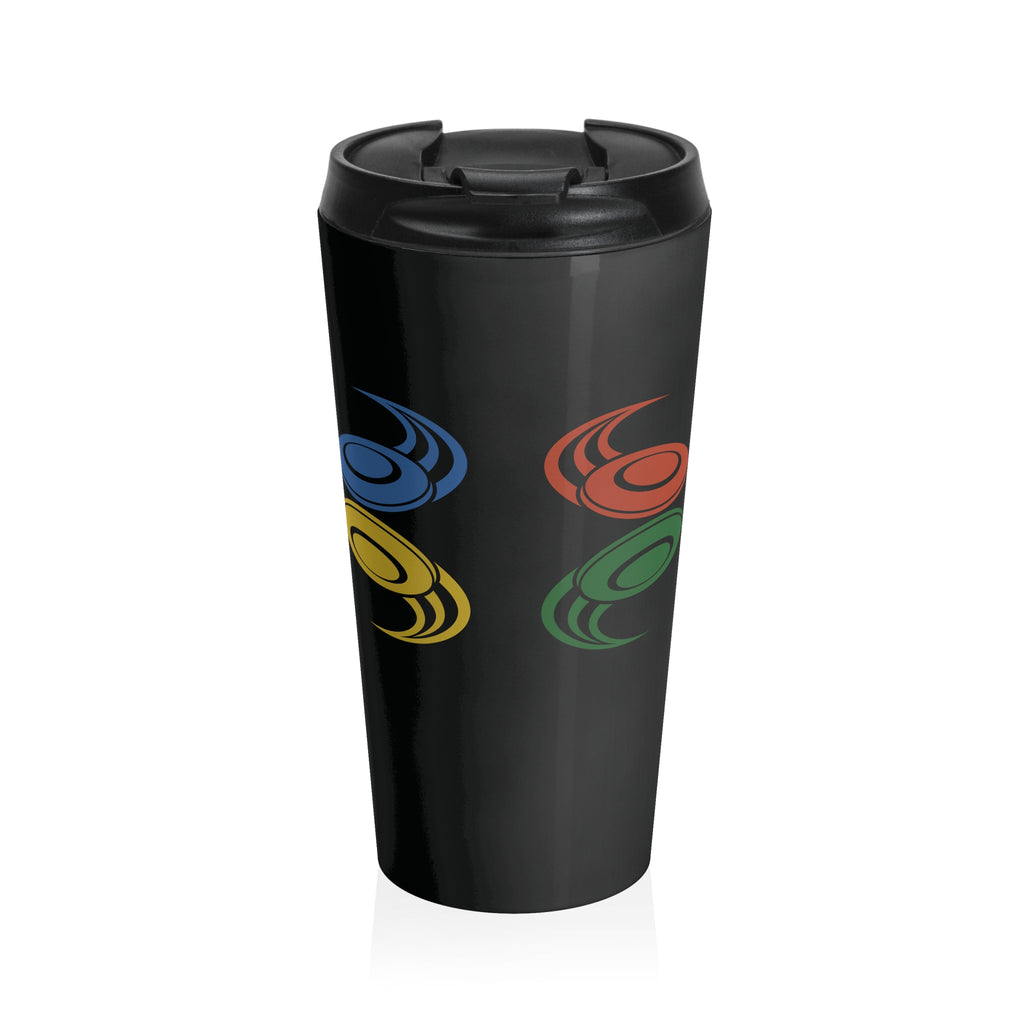 A black travel mug with a lid featuring a colorful graphic of flying disc golf discs, against a white background