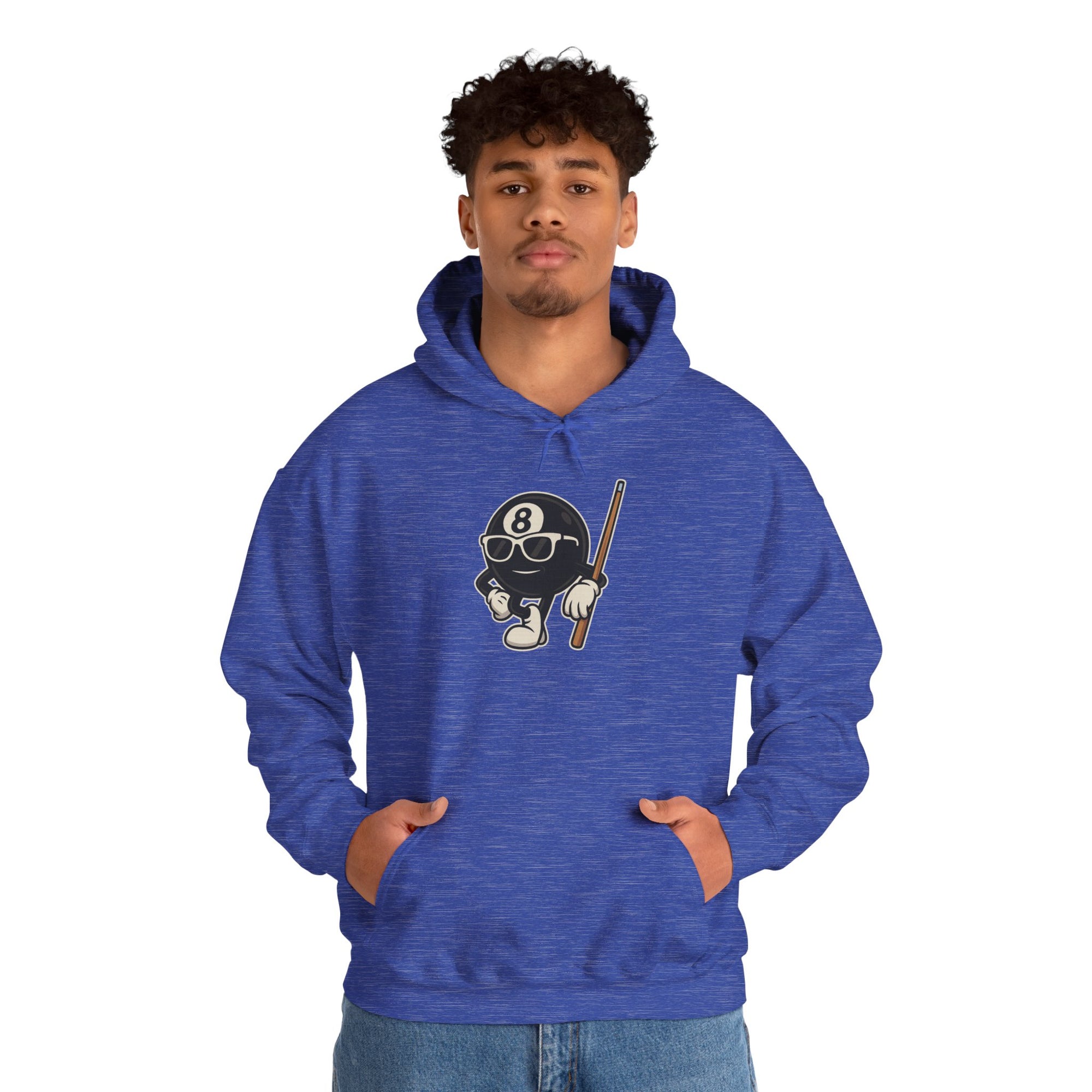 A man wearing a blue hoodie with a graphic of a cartoon billiards 8 ball with arms and legs and wearing sunglasses and leaning on a cue stick, on a white background