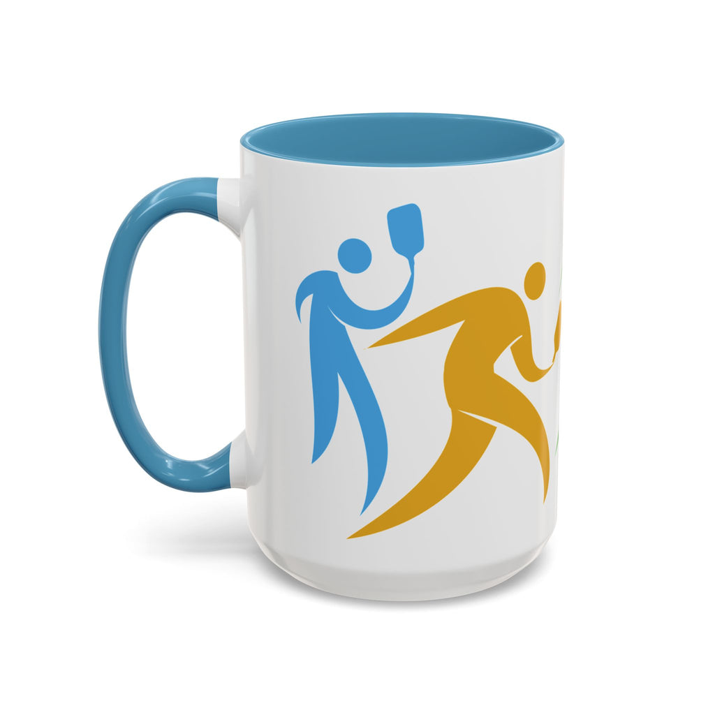 Ceramic coffee mug with light blue accents on the handle and interior, featuring an image of four colorful pickleball player drawings playing pickleball against a white background