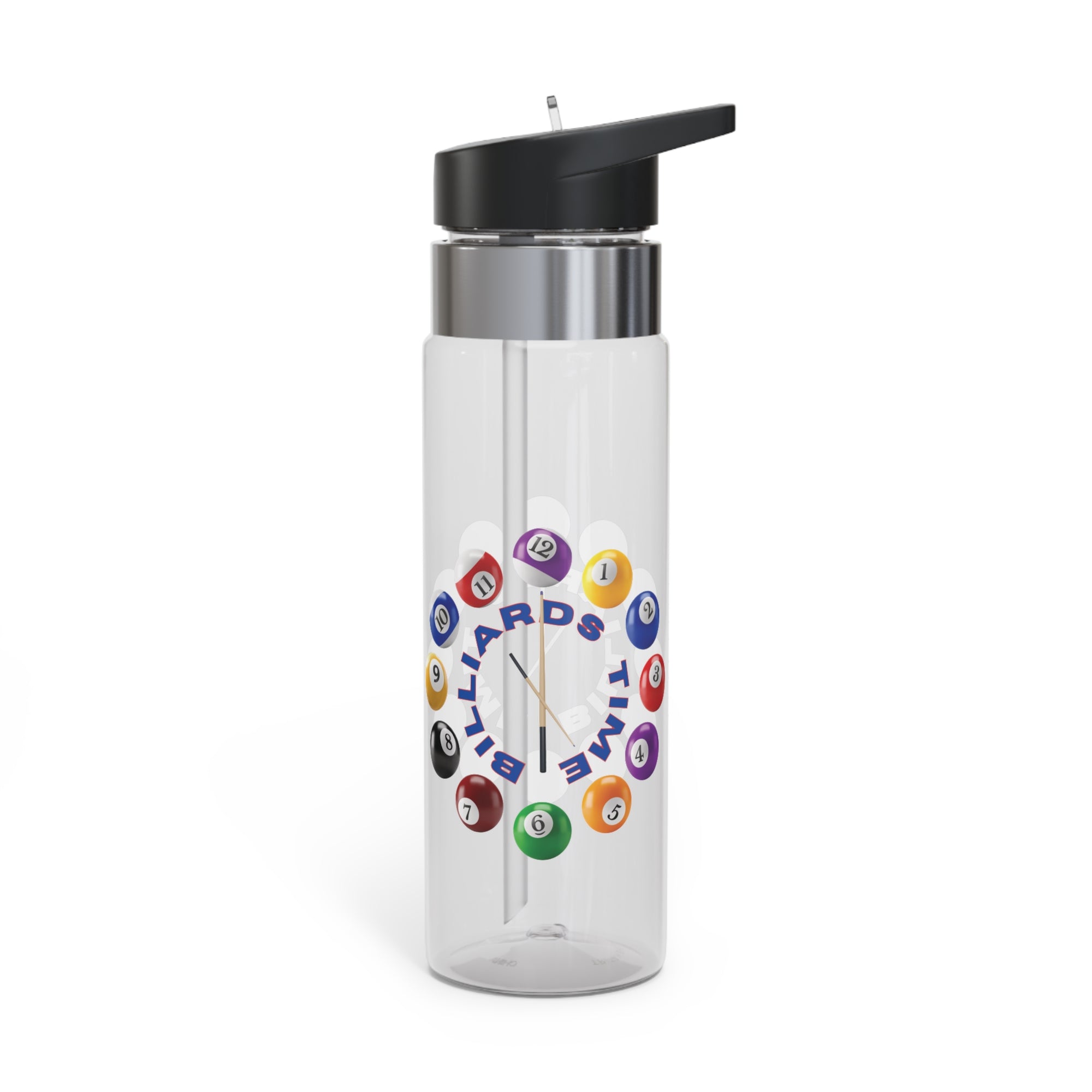 A clear water bottle with lid, with the text "Billiards Time" surrounded by a clock made up of colorful billiard balls and cue sticks, on a white background