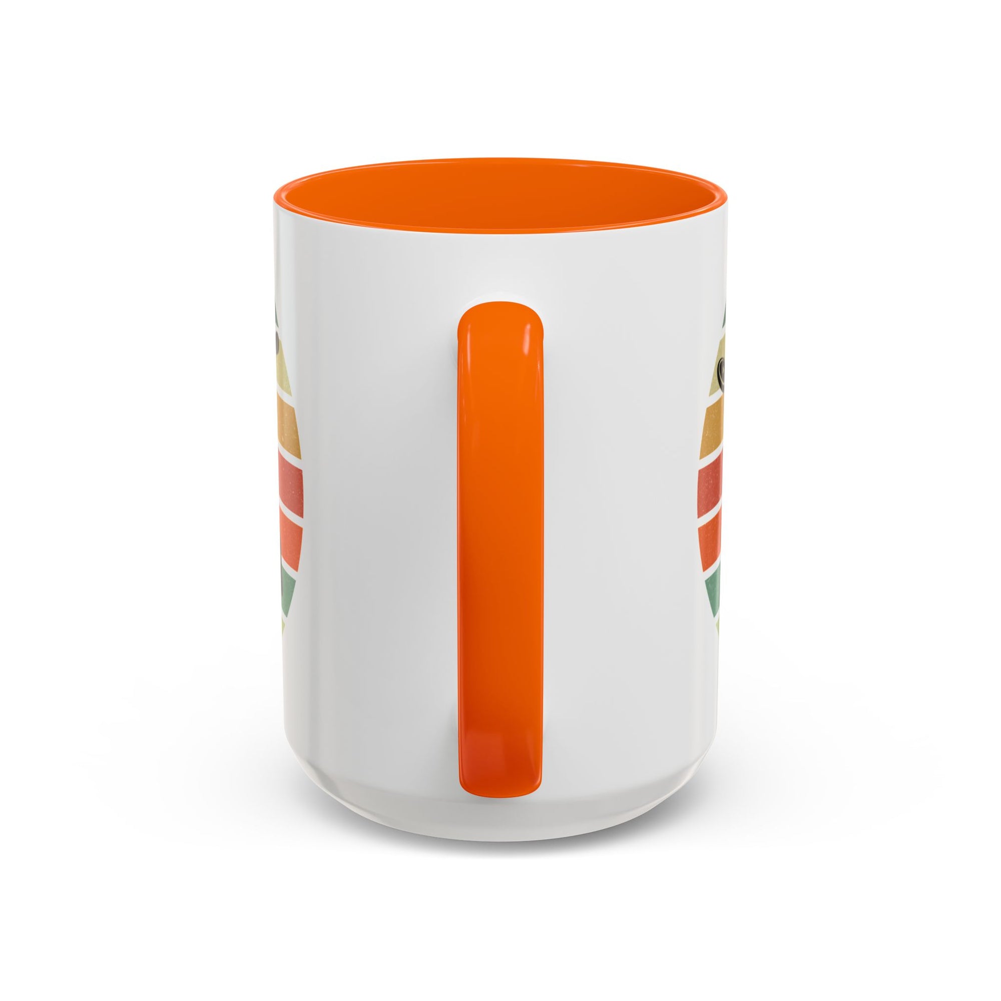 White ceramic coffee mug with orange accents on the handle and inside. The mug features a graphic of a silhouette of a disc golf player above a colorful retro design.