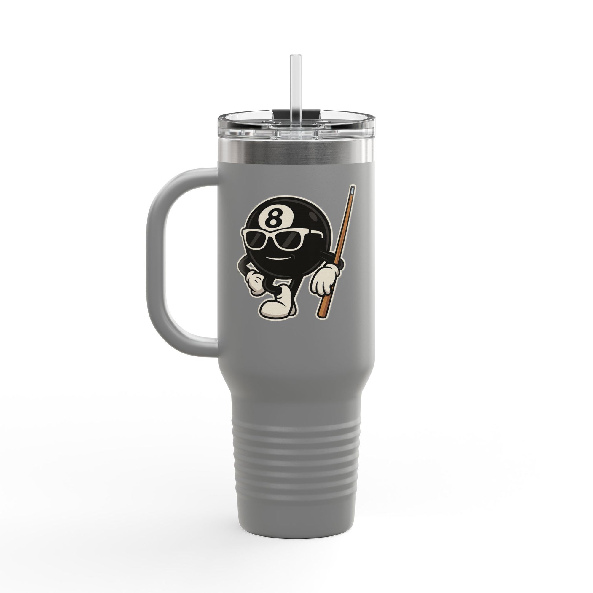 A gray 40oz travel tumbler with lid and straw featuring a graphic of a cartoon billiards 8 ball with arms and legs and wearing sunglasses and leaning on a cue stick, on a white background