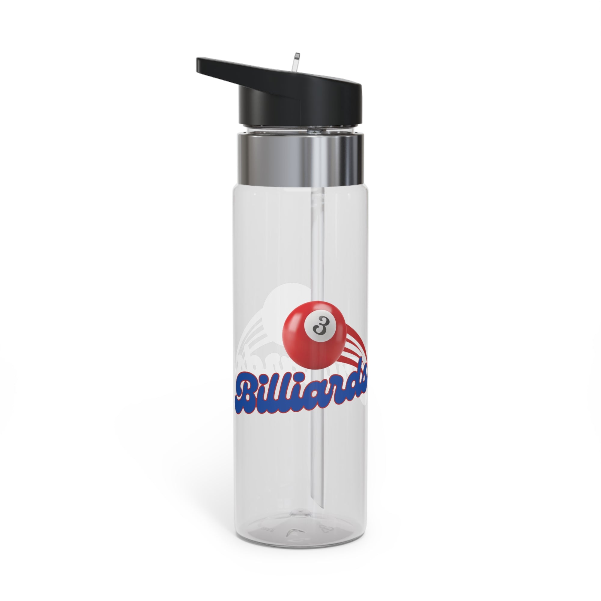 Clear water bottle with black lid, with billiards ball and text that says "Billiards" against a white background