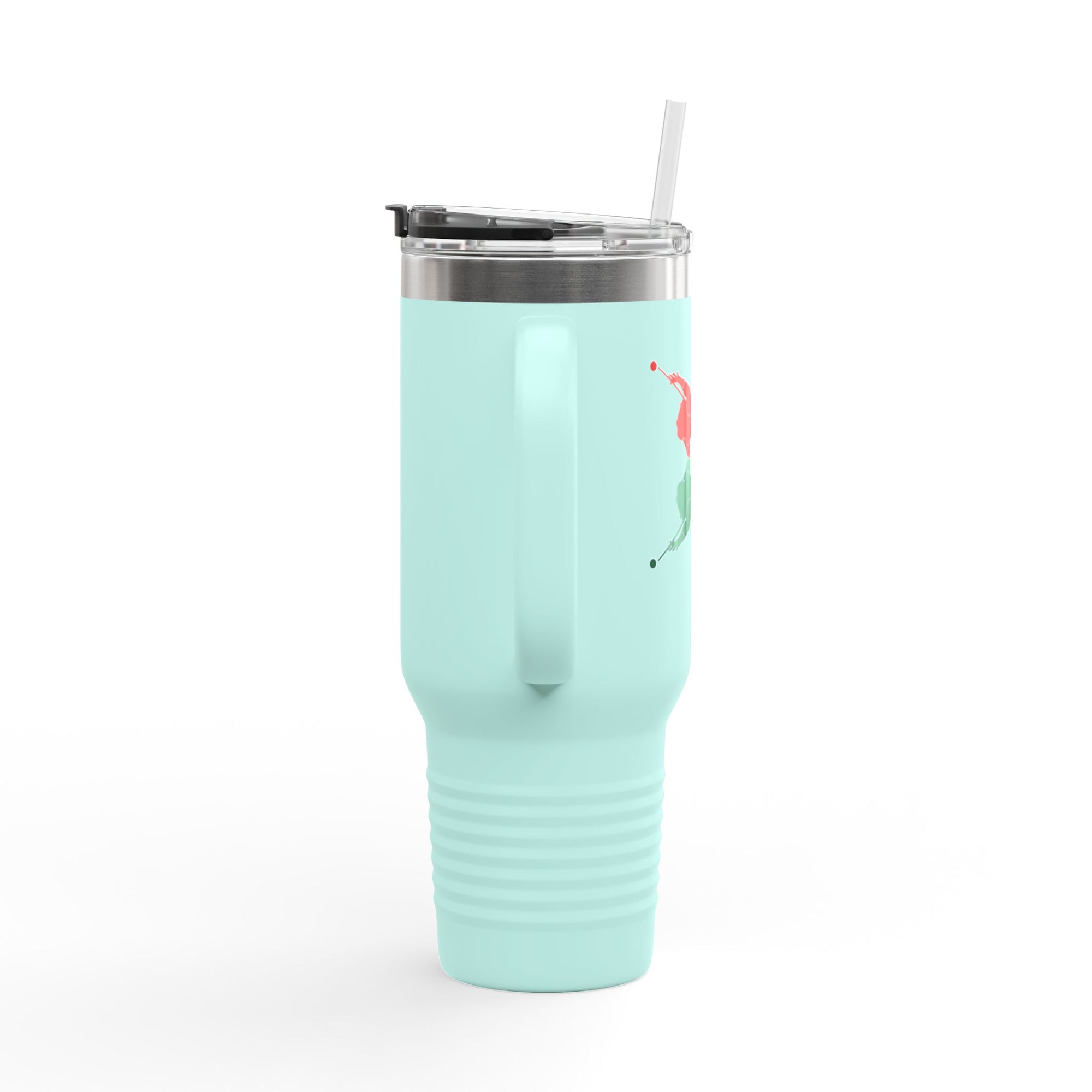 Side view of a teal 40oz travel mug with lid and straw, with colorful graphic of 4 billiards player silhouettes in a pop art style, against a white background