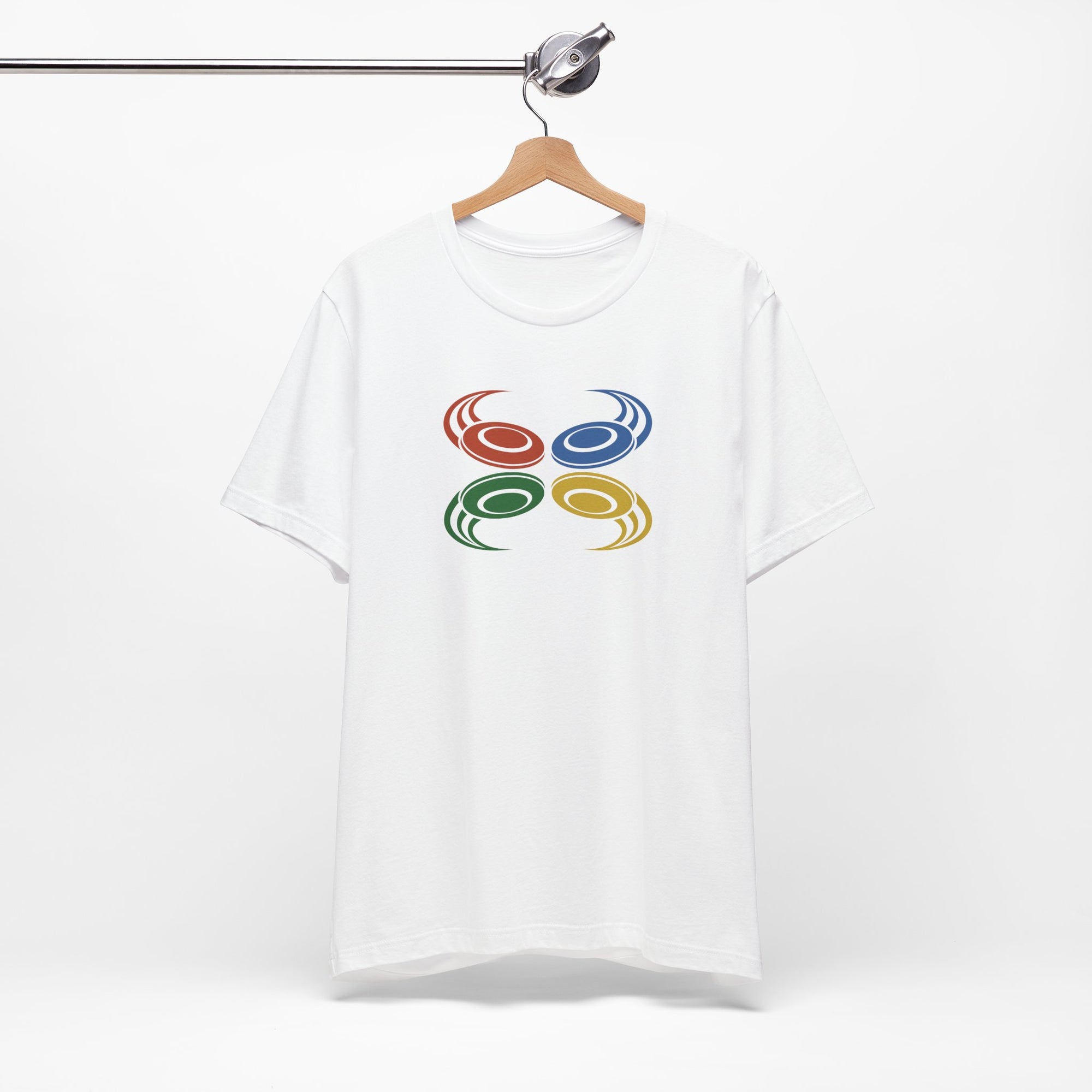 White t-shirt with colorful graphic of flying disc golf discs, on a hanger against a white background