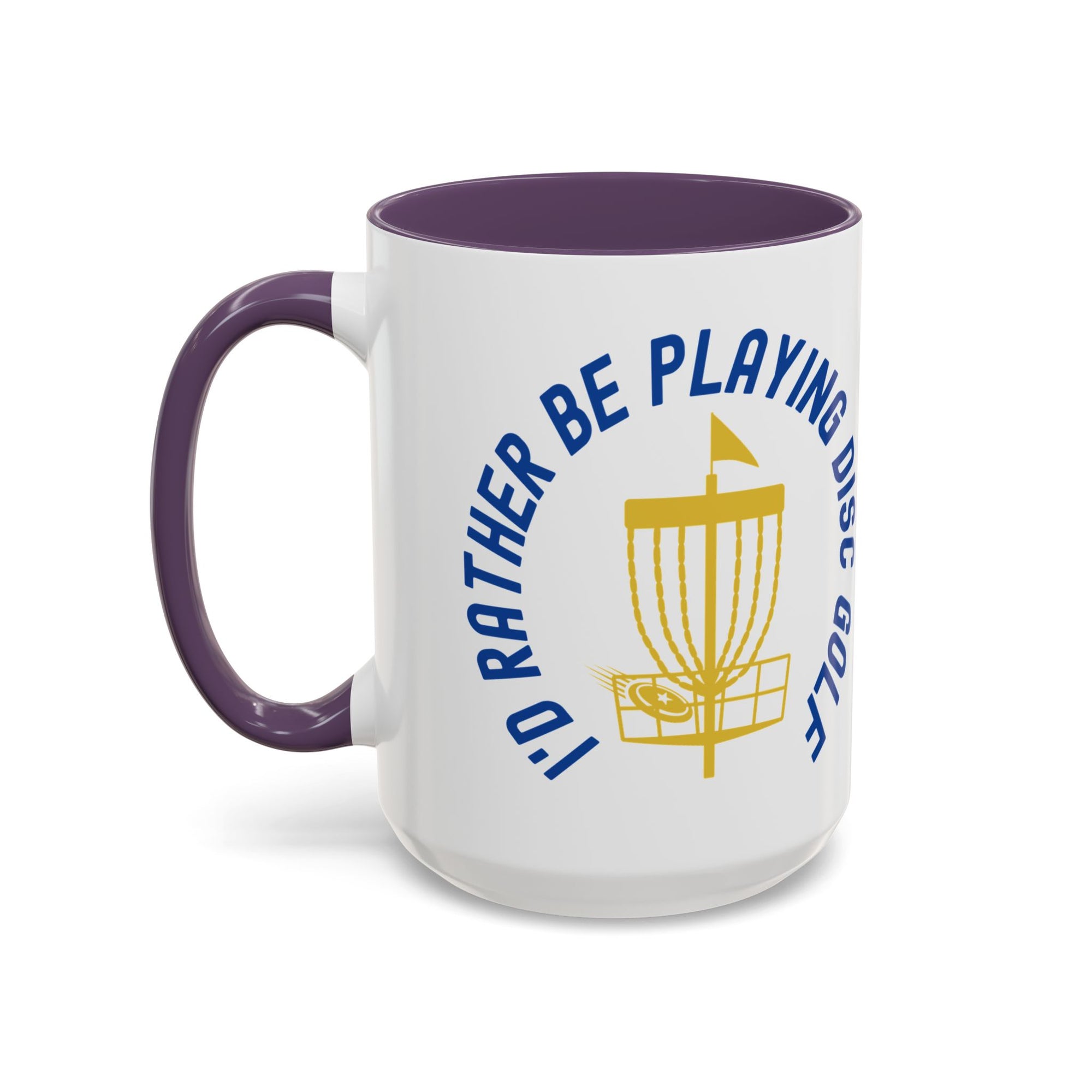 Ceramic coffee mug with purple accents on the handle and inside, with a graphic of disc golf chains, basket, and disc and text that says "I'd Rather Be Playing Disc Golf" on a white background