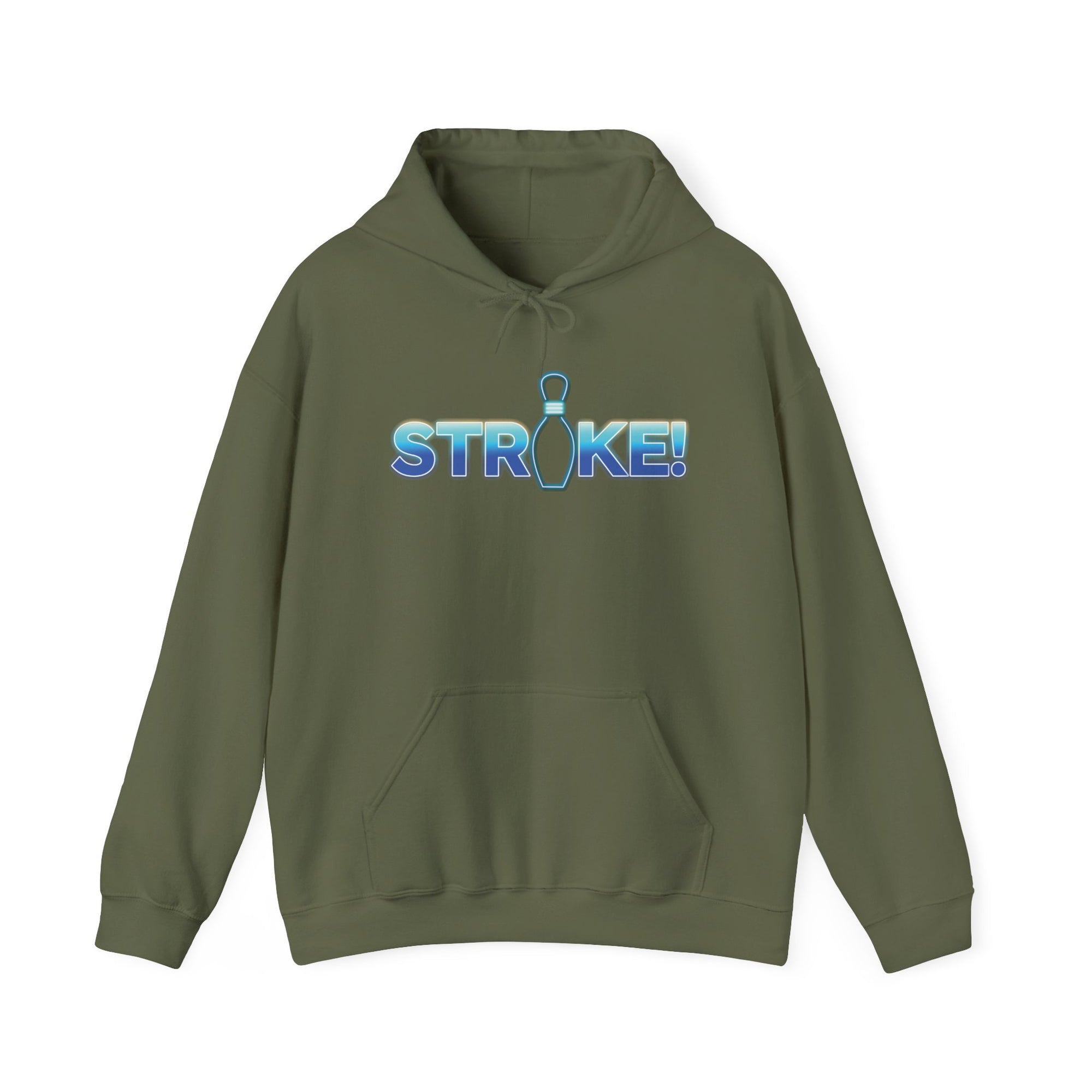 Military green bowling hoodie with 'STRIKE!' with the "I" replaced by a bowling pin, on a white background 