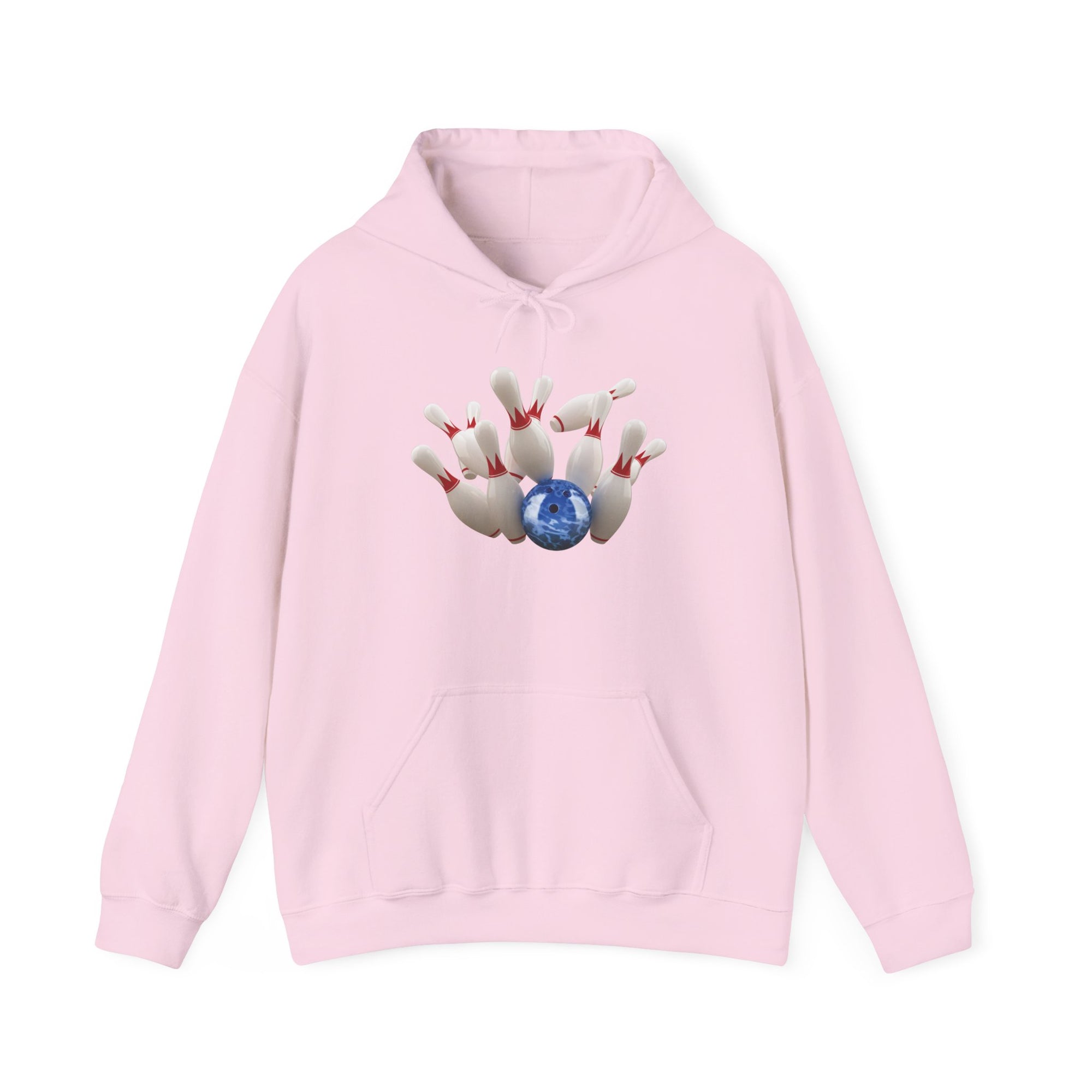 Pink hoodie with a graphic of a blue bowling ball knocking over bowling pins, on a white background