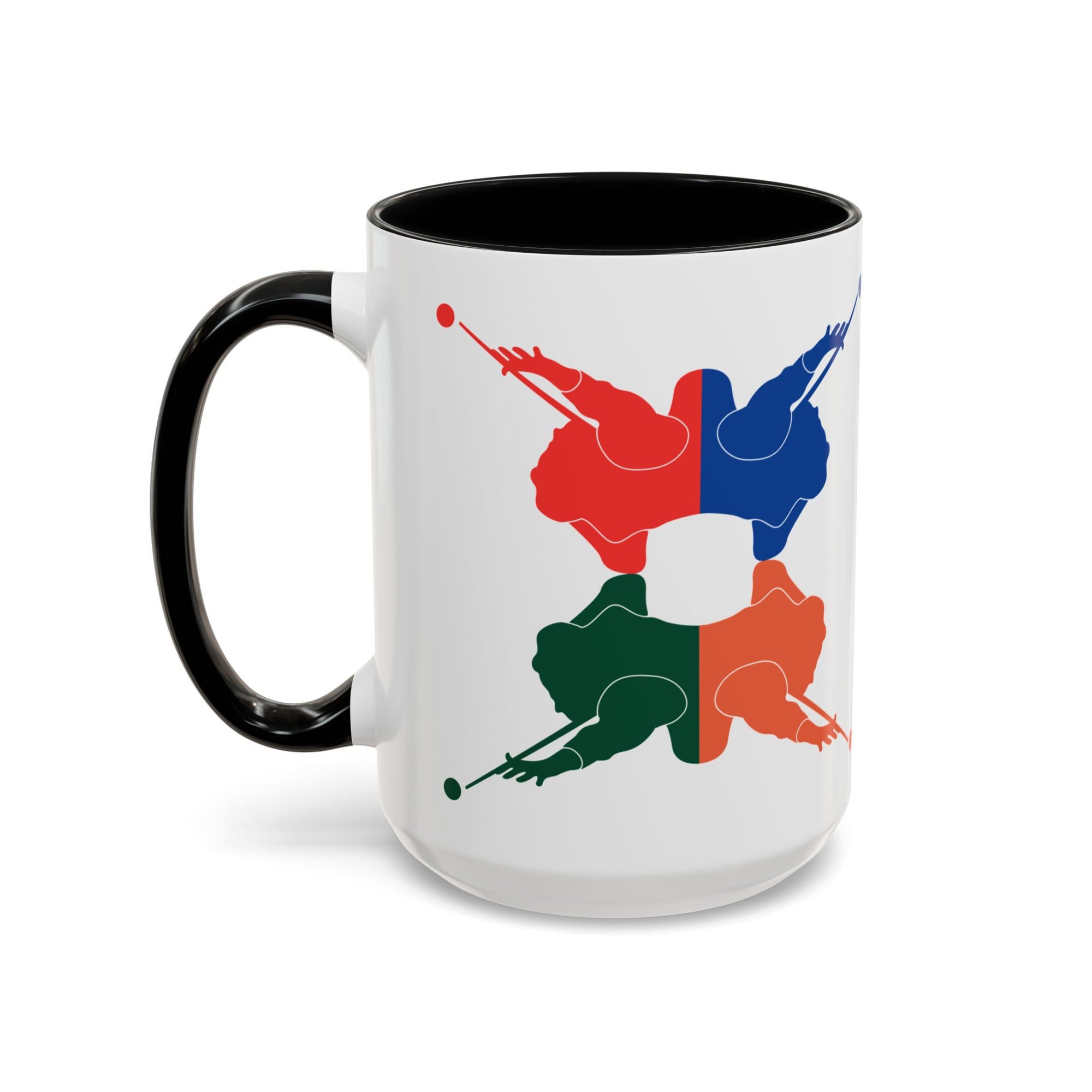 A white ceramic coffee mug with black accents on the handle and interior, with colorful graphic of 4 billiards player silhouettes in a pop art style, against a white background