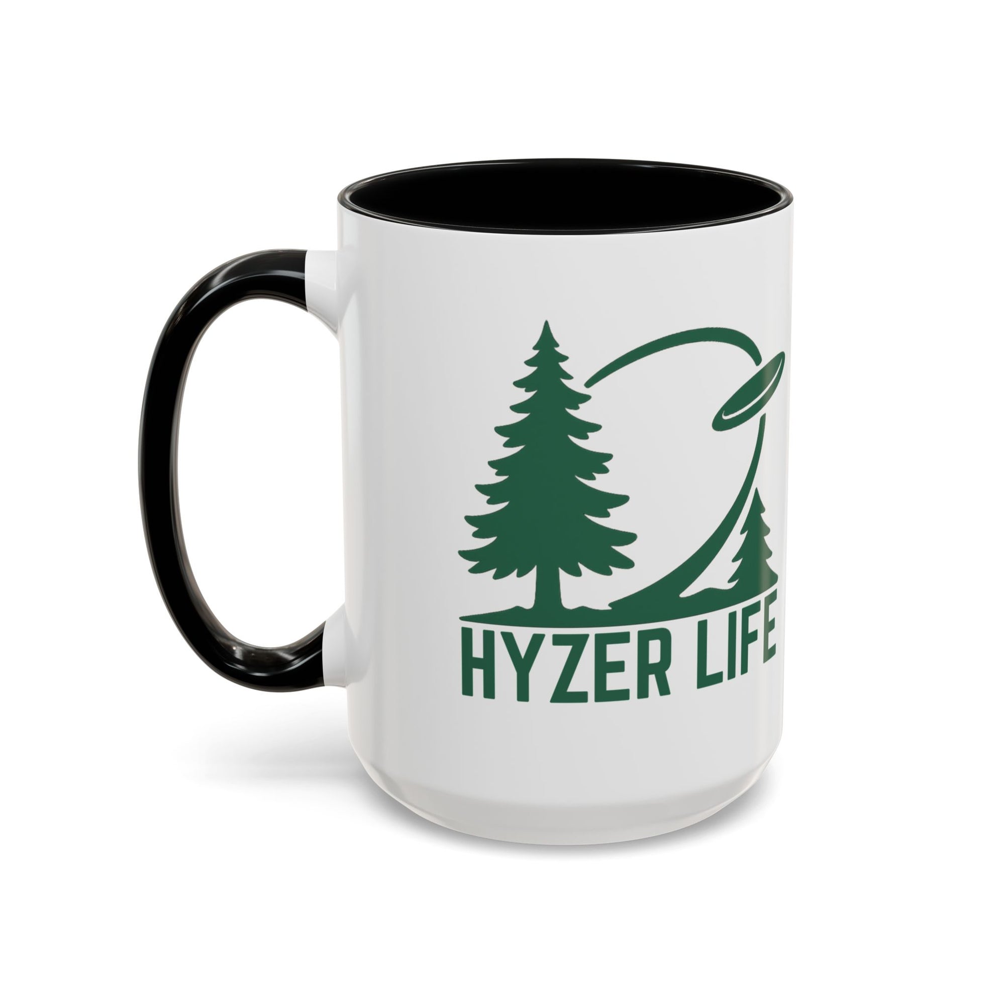 Ceramic coffee mug with black accents on the handle and interior, with green graphic of trees and a disc golf flying with the words 'HYZER LIFE' below the image, against a white background