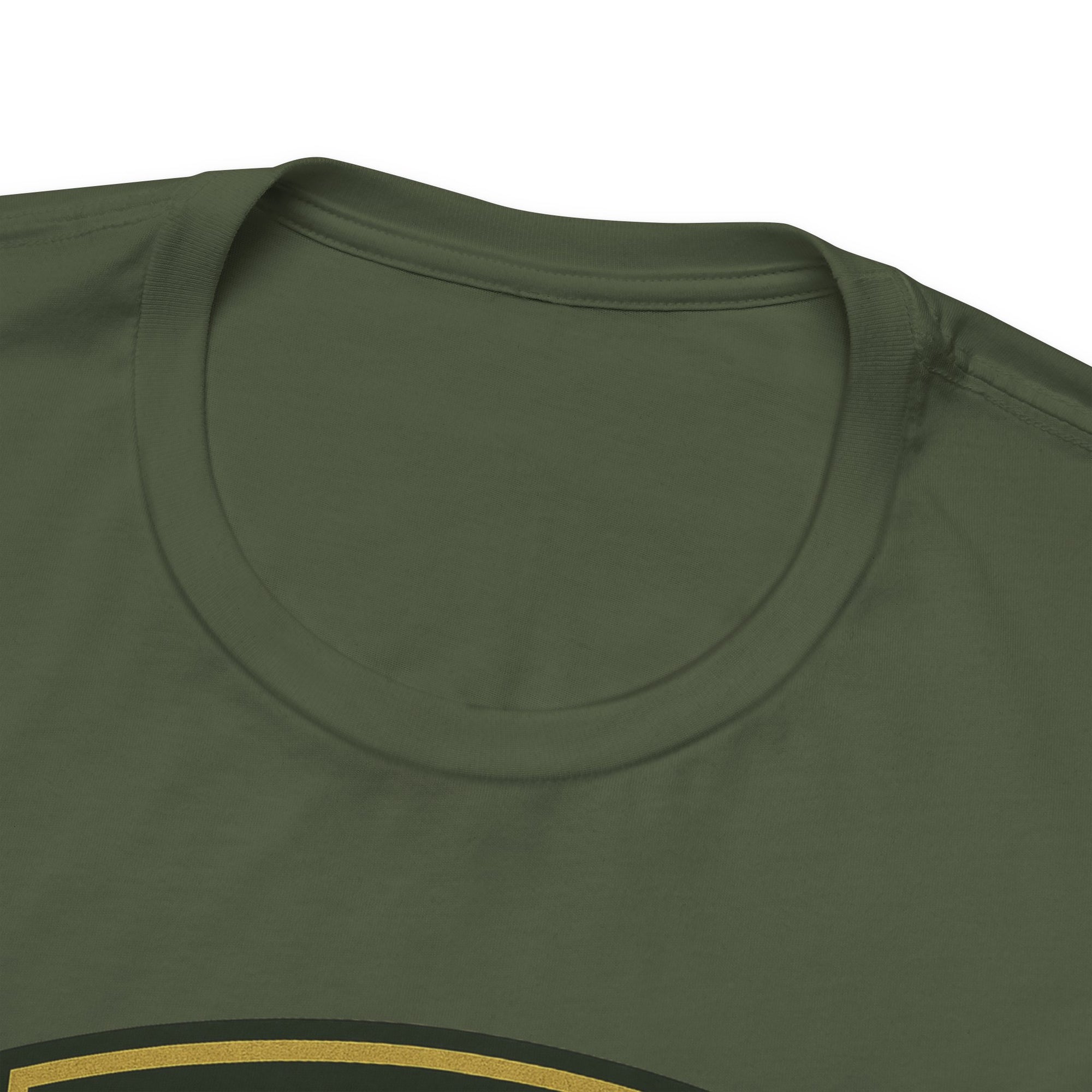 Close-up of the neckline of a military green t-shirt with bowling 'Strike Force' military-style patch against a white background