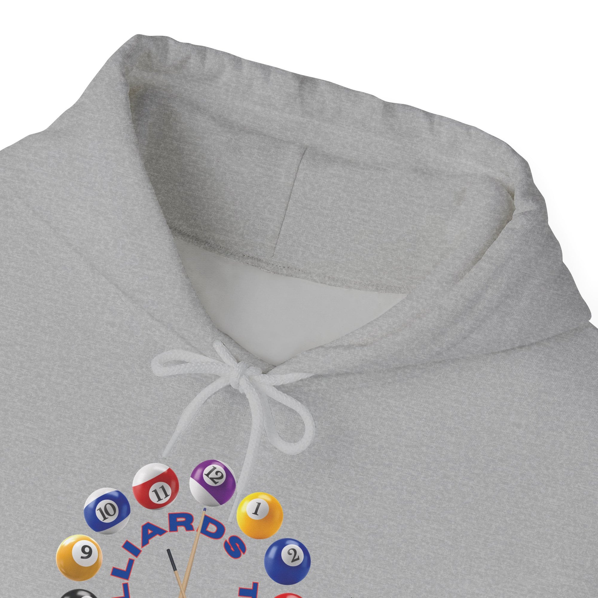 Close-up of the neckline view of a gray hoodie with the text "Billiards Time" surrounded by a clock made up of colorful billiard balls and cue sticks, on a white background