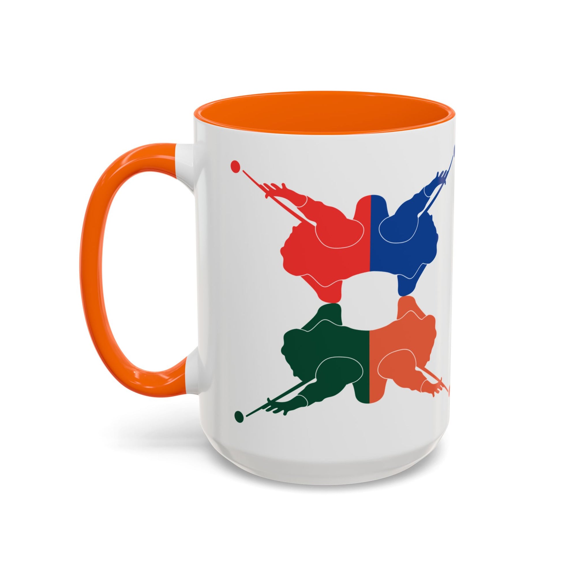 A white ceramic coffee mug with orange accents on the handle and interior, with colorful graphic of 4 billiards player silhouettes in a pop art style, against a white background