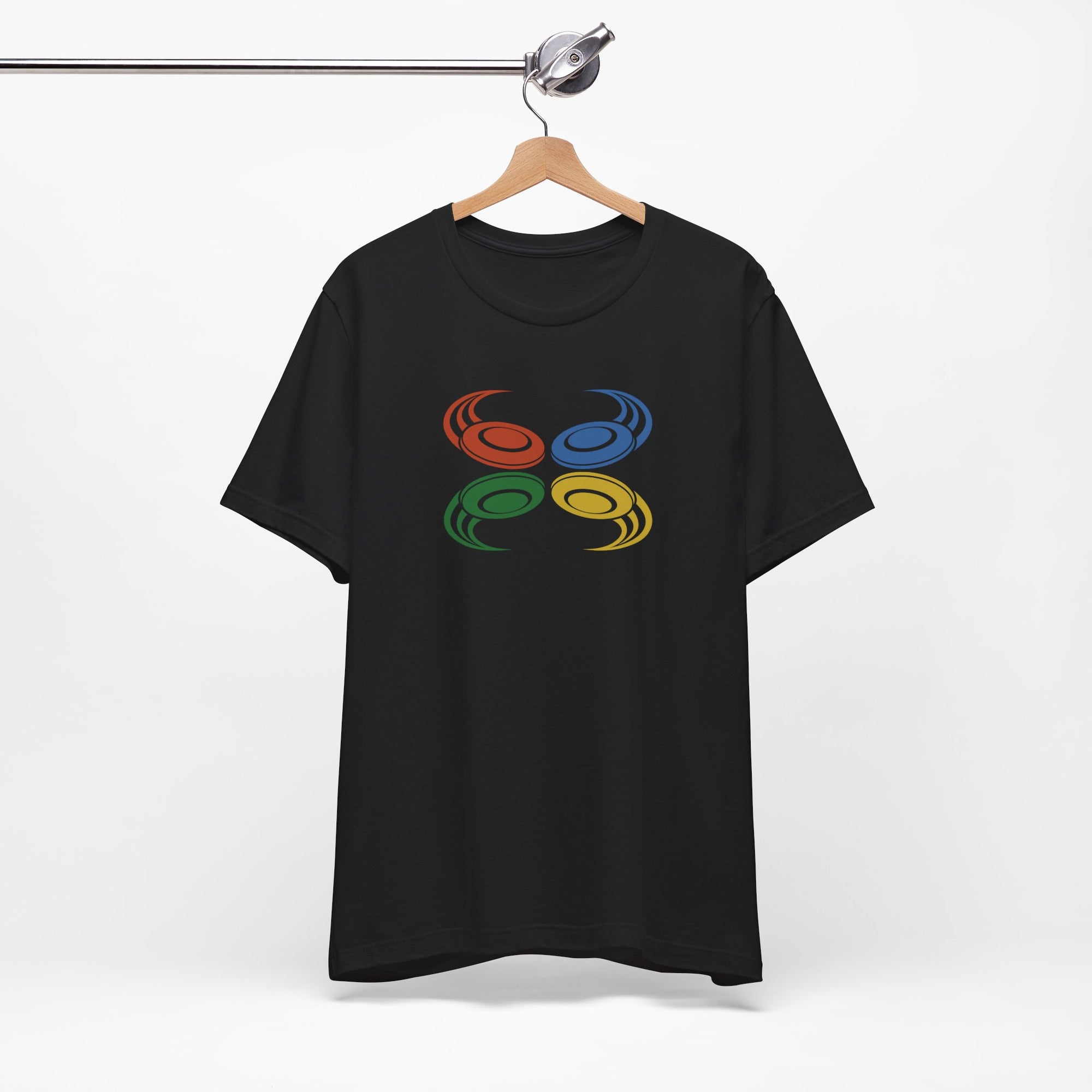 Black t-shirt with colorful graphic of flying disc golf discs, on a hanger against a white background