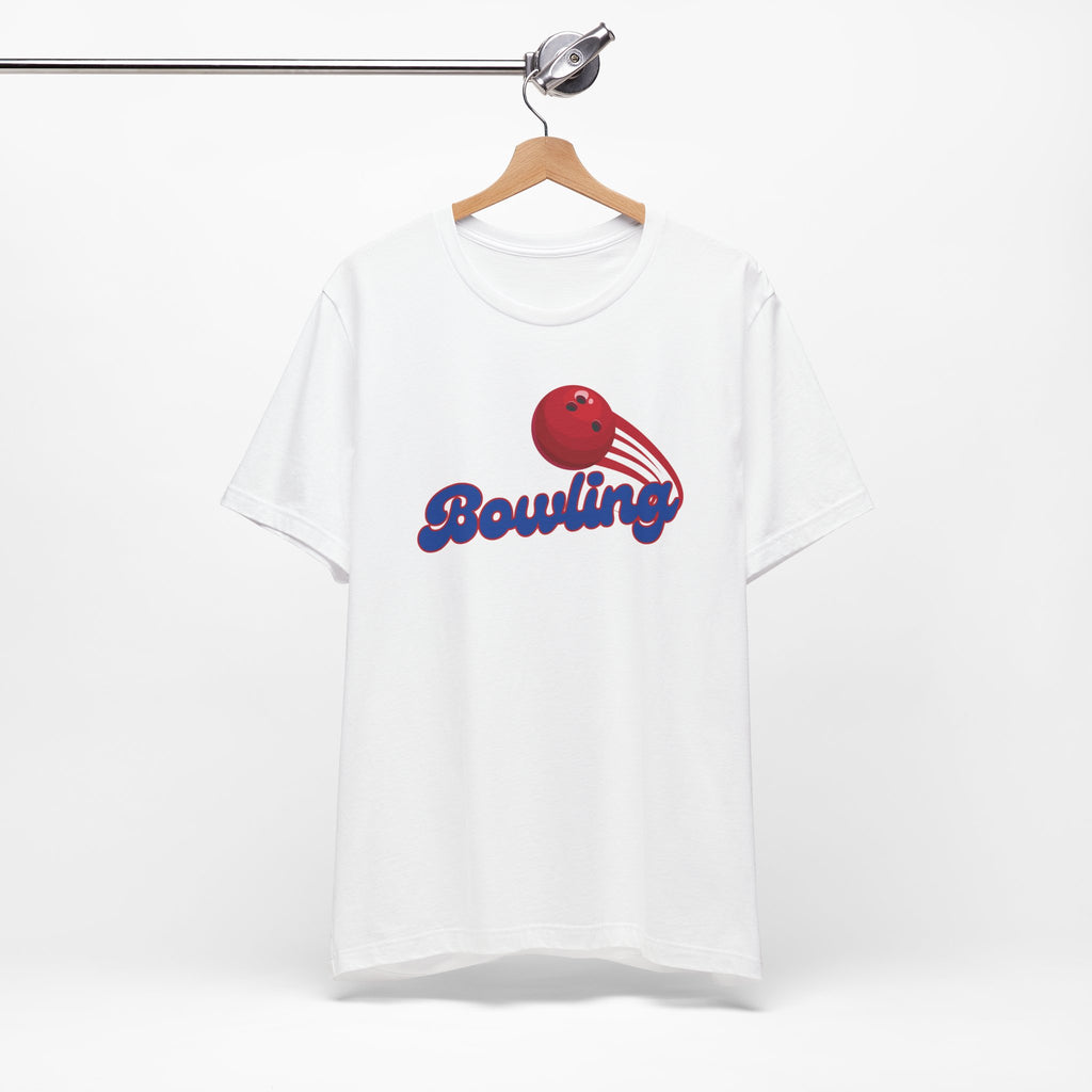 White t-shirt with a red bowling ball graphic and 'Bowling' text on a hanger against a white background