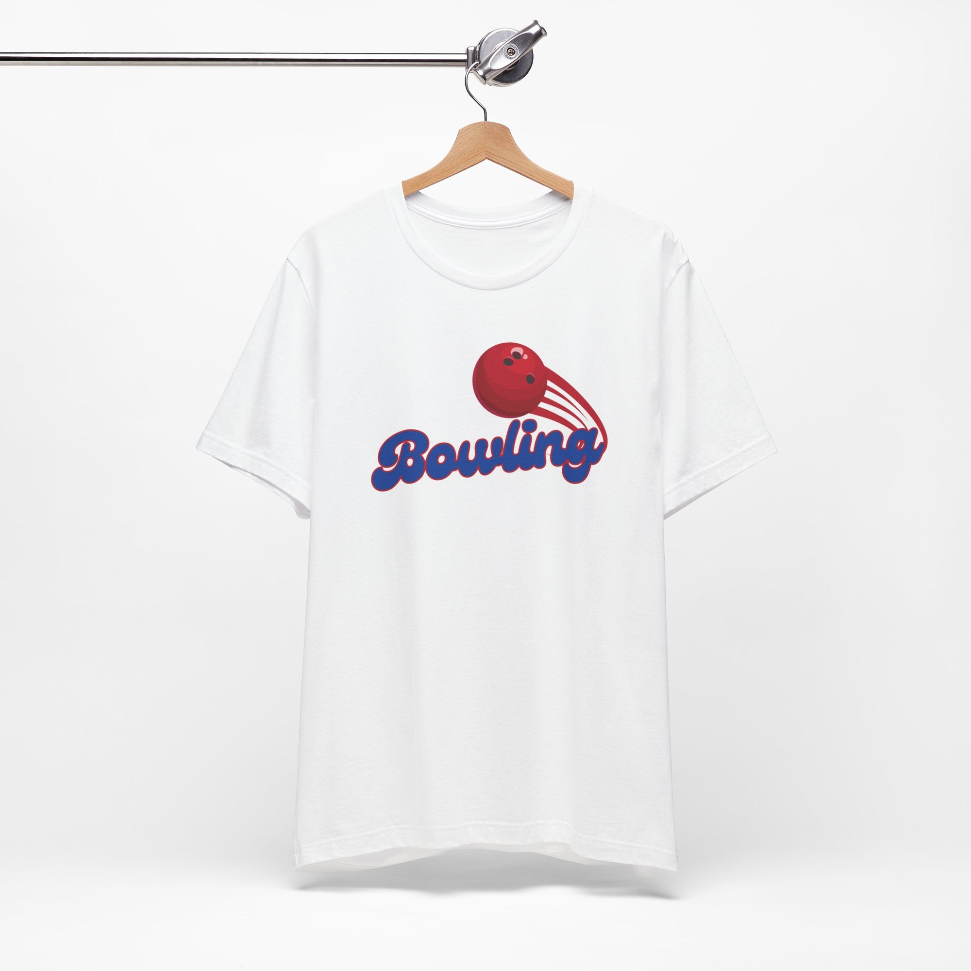 White t-shirt with a red bowling ball graphic and 'Bowling' text on a hanger against a white background