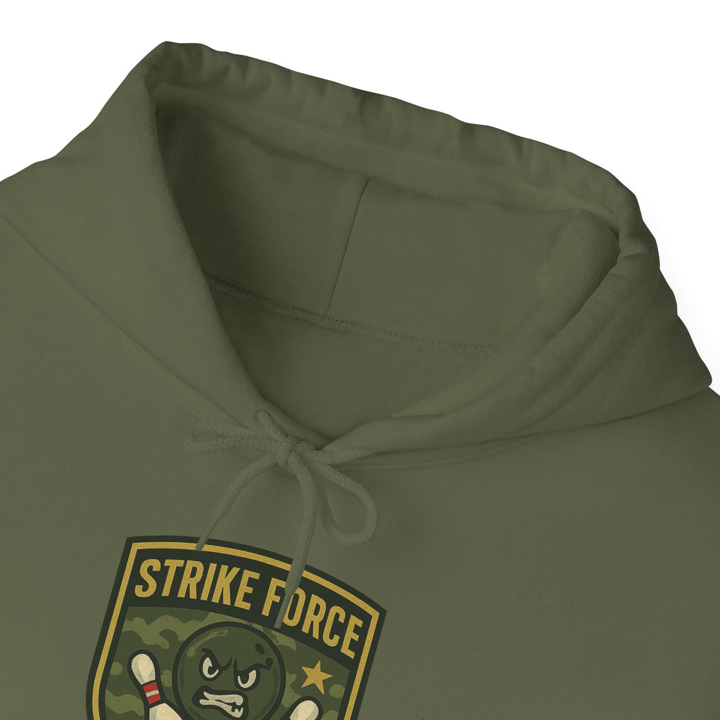 Close-up of the collar of a military green hoodie with bowling 'Strike Force' military-style patch on a white background