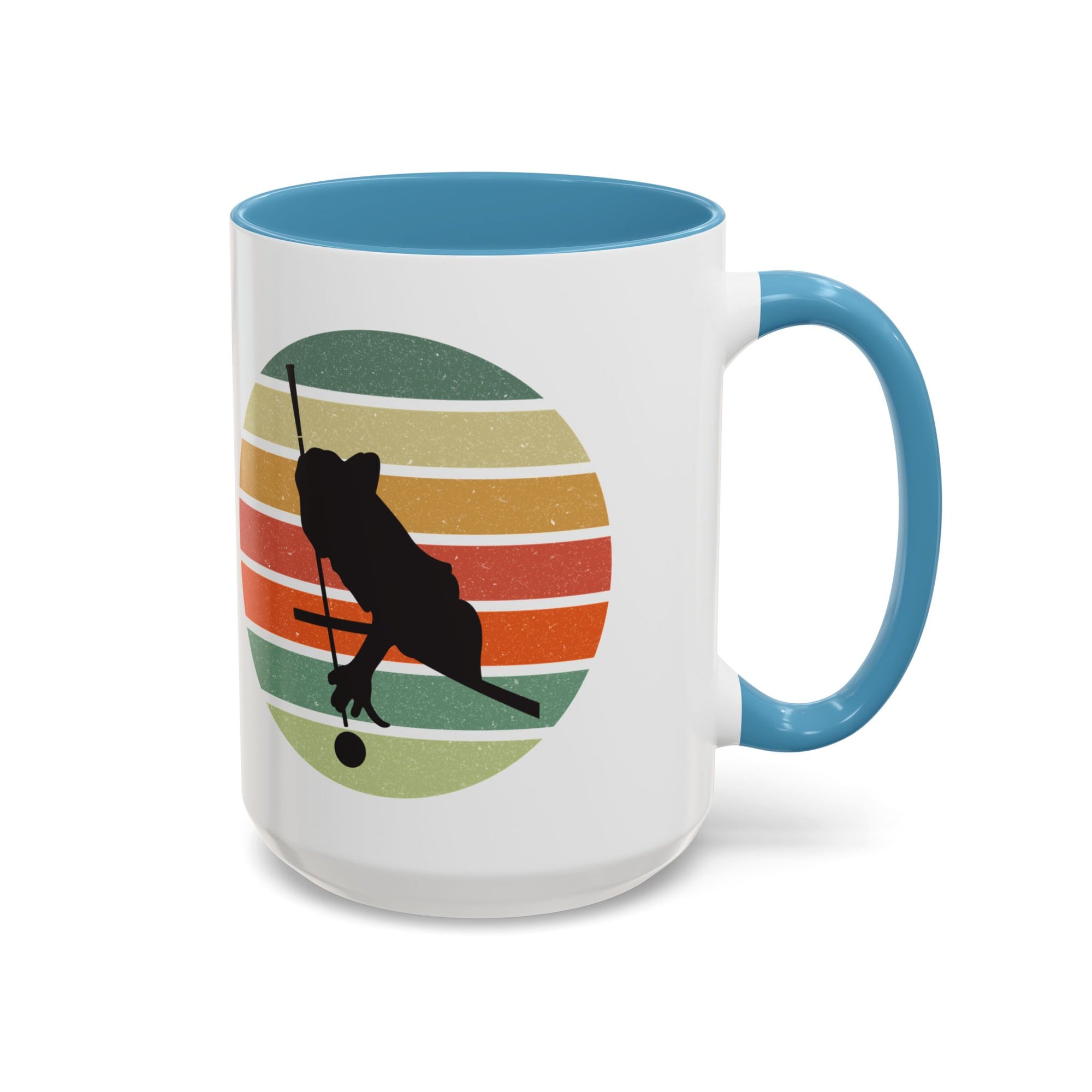 Mug with light blue accents and a graphic of a billiards player silhouette over a colorful retro design on a white background.