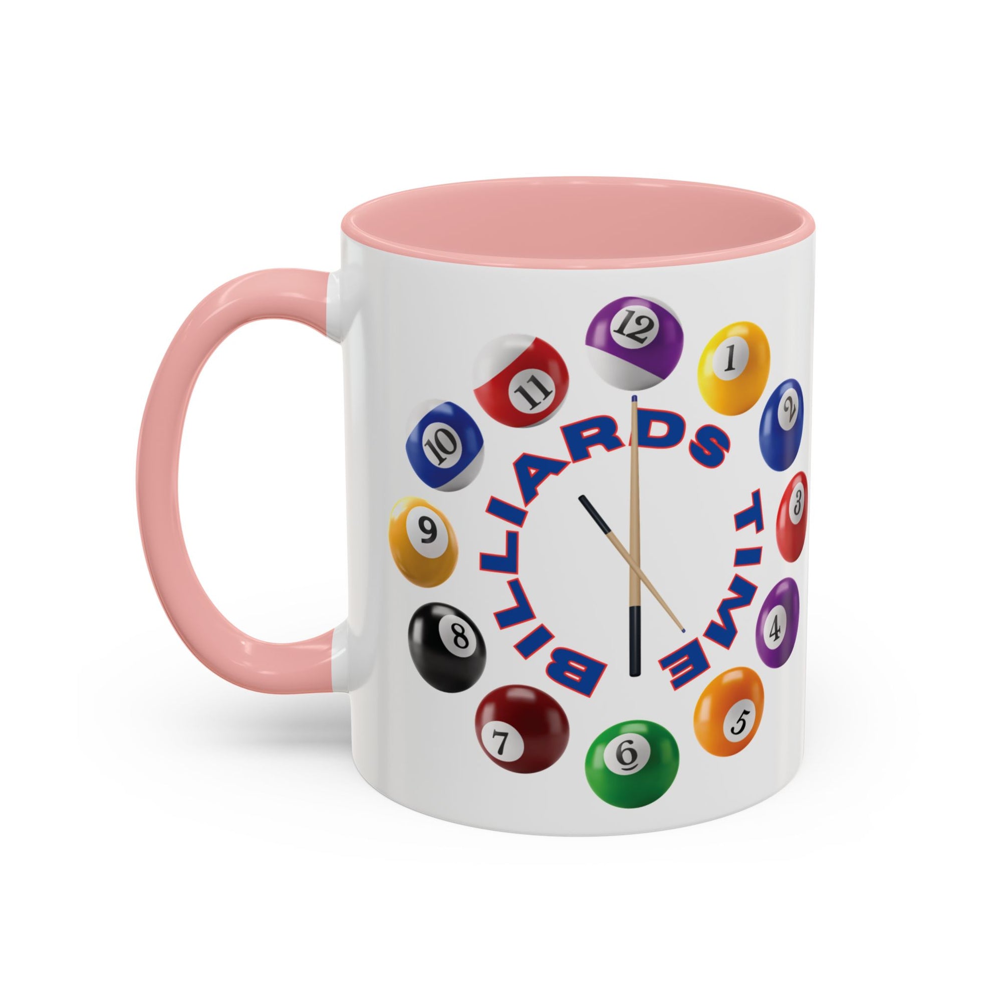 A white ceramic coffee mug with pink accents on the handle and interior, with the text "Billiards Time" surrounded by a clock made up of colorful billiard balls and cue sticks, on a white background