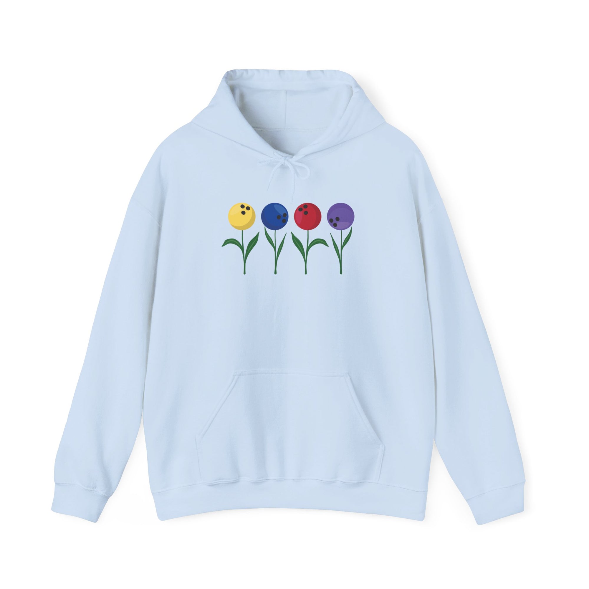 Light blue hoodie with colorful flowers made out of bowling balls, on a white background