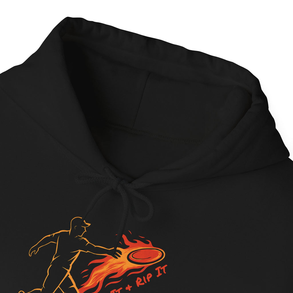 A neckline view of a black hoodie with a graphic design of a person throwing a disc golf disc with flames coming off the disc and text 'Grip It or Rip It' against a white background.