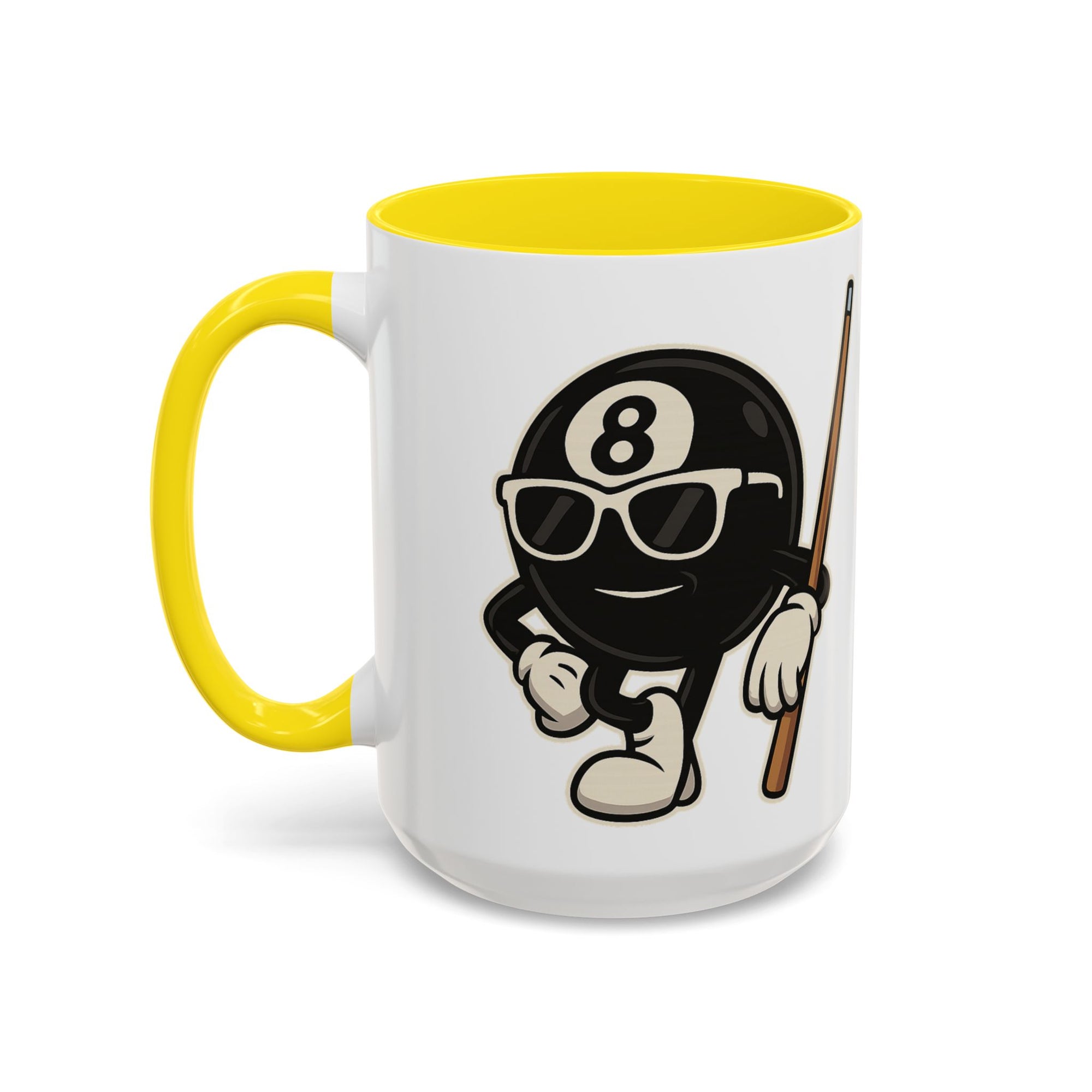 A white ceramic coffee mug with yellow accents on the handle and interior, with a graphic of a cartoon billiards 8 ball with arms and legs and wearing sunglasses and leaning on a cue stick, on a white background