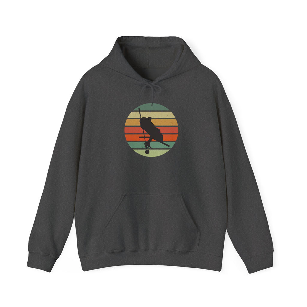 Dark gray hoodie with a graphic of a billiards player silhouette over a retro colorful image against a white background.