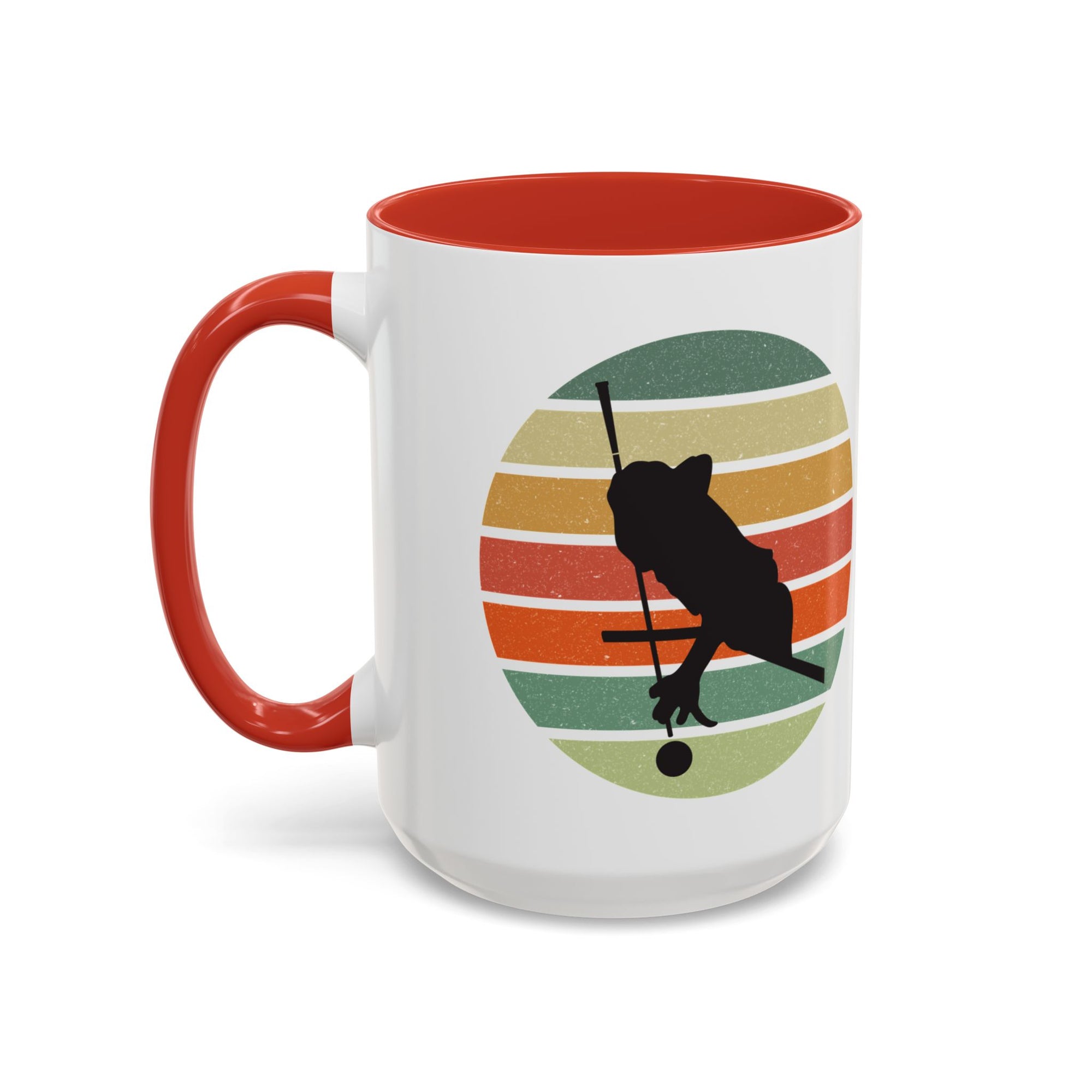 Mug with red accents and a graphic of a billiards player silhouette over a colorful retro design on a white background.