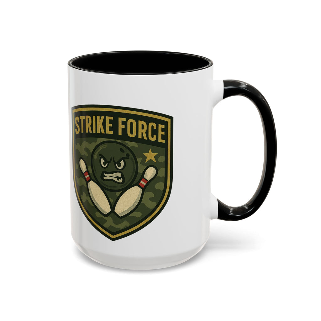 A white ceramic coffee mug with black accents on the handle and interior, with bowling 'Strike Force' military-style patch on a white background