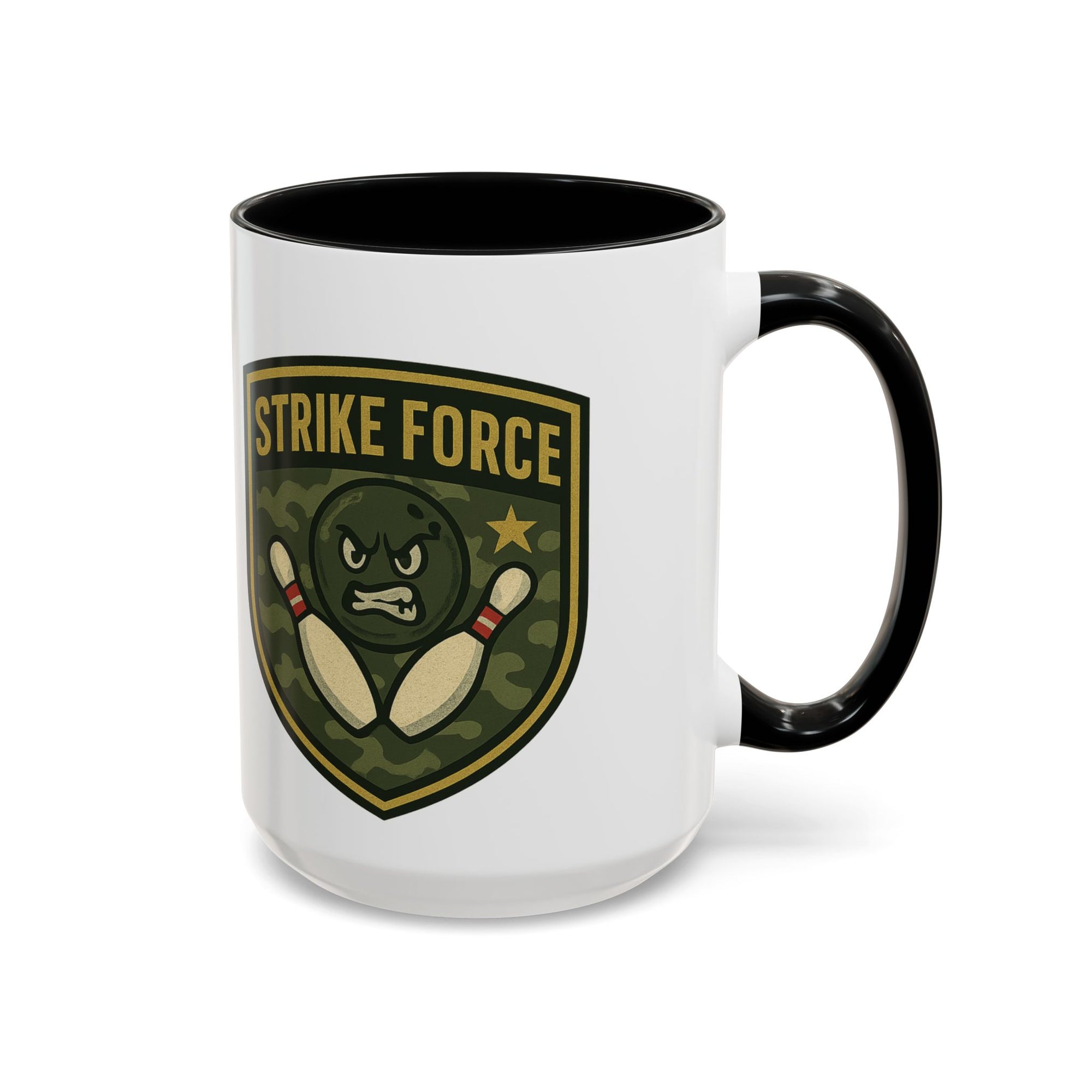 A white ceramic coffee mug with black accents on the handle and interior, with bowling 'Strike Force' military-style patch on a white background
