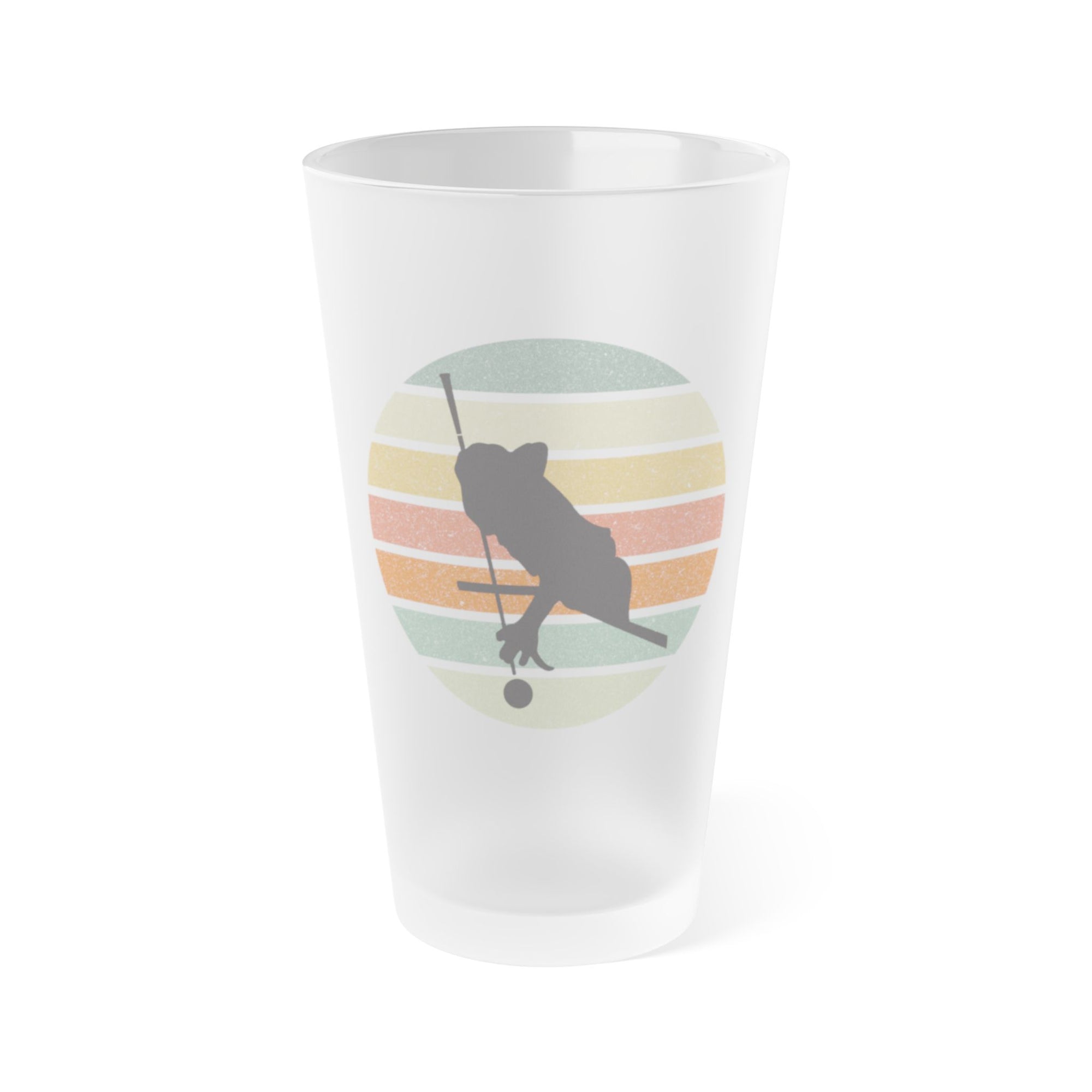 Frosted glass pint glass with a a silhouette of a billiards player over a circle of colorful lines on a white background