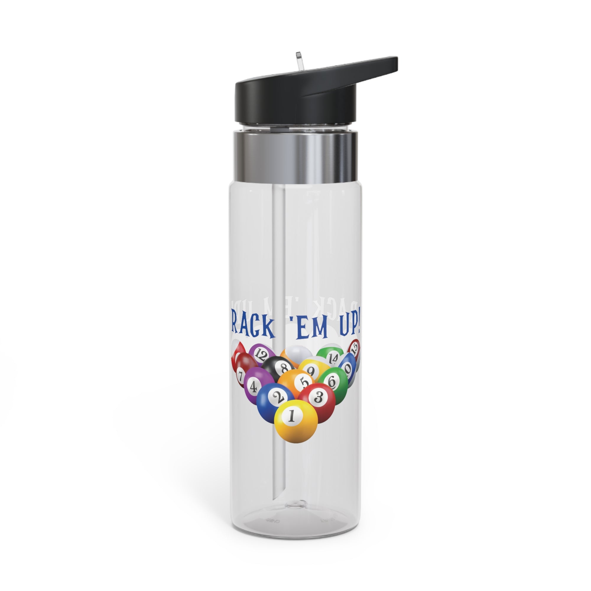 Clear water bottle with lid, with racked pool ball design and 'Rack 'Em Up!' text, against a white background