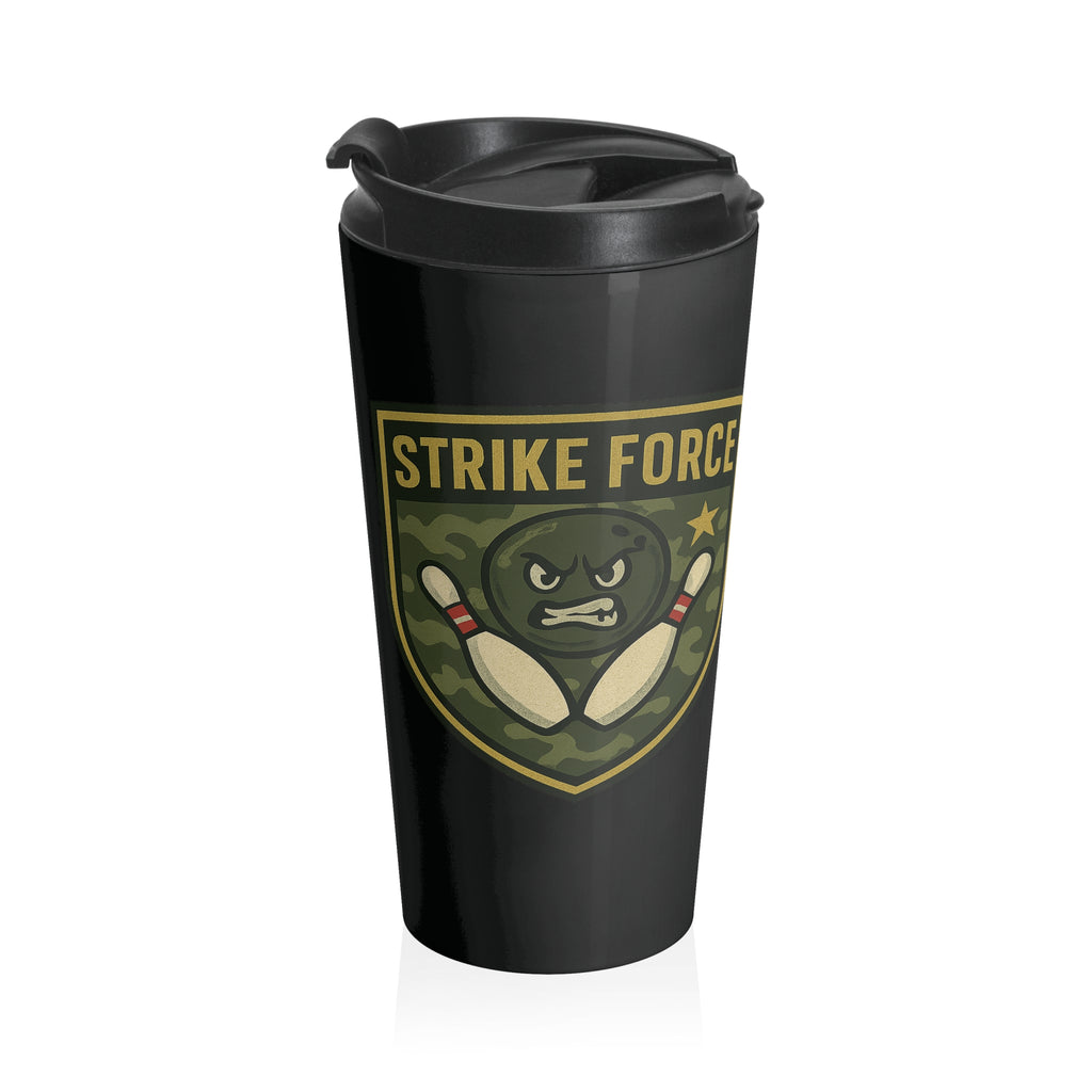 Black travel mug with a black lid, with bowling 'Strike Force' military-style patch on a white background